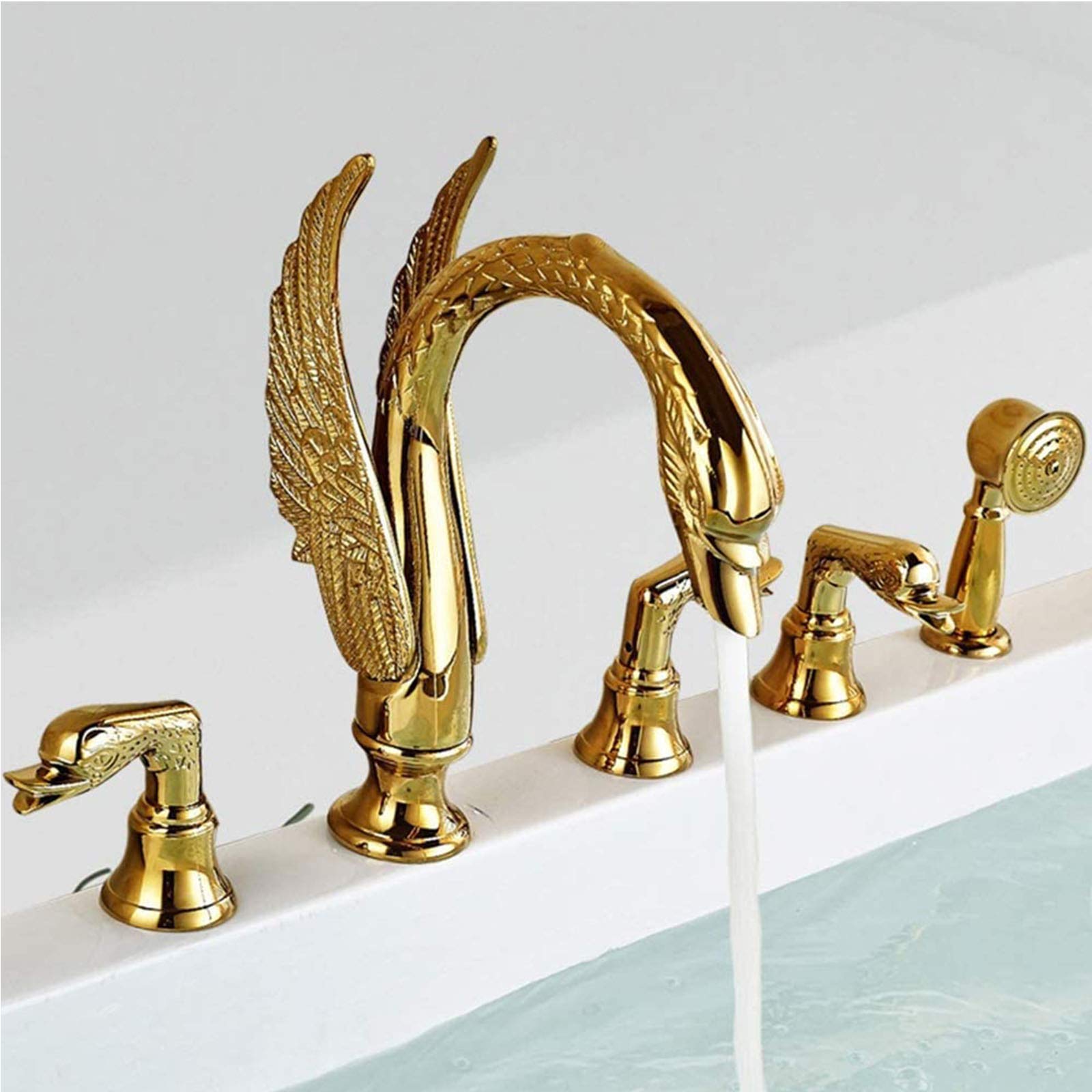 BHGFYXBS Bathtub Faucet With Hand Shower, Solid Brass Deck Mounted Swan Spout Bathtub Shower Set, Double Handle 5 Holes Bath Mixer Tap Gold,A,A