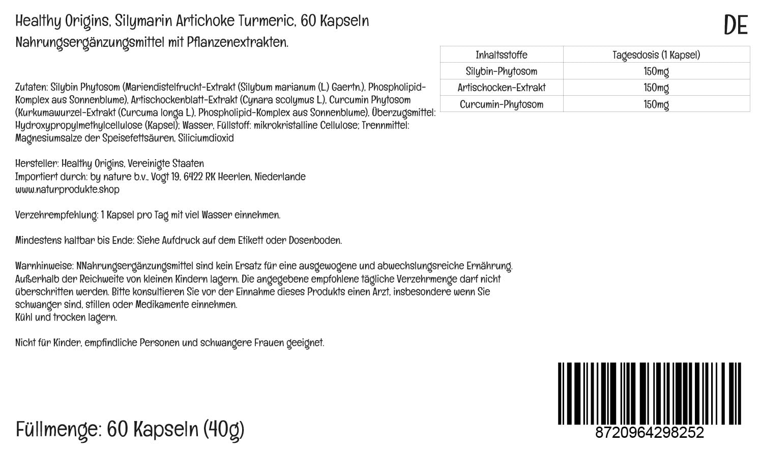 Healthy Origins Silymarin Artichoke Turmeric - Komplex mit Mariendistel, Artischocke & Kurkuma – Curcumin Kapseln, Silymarin Phytosom, 60 Kapseln, Gentechnik frei
