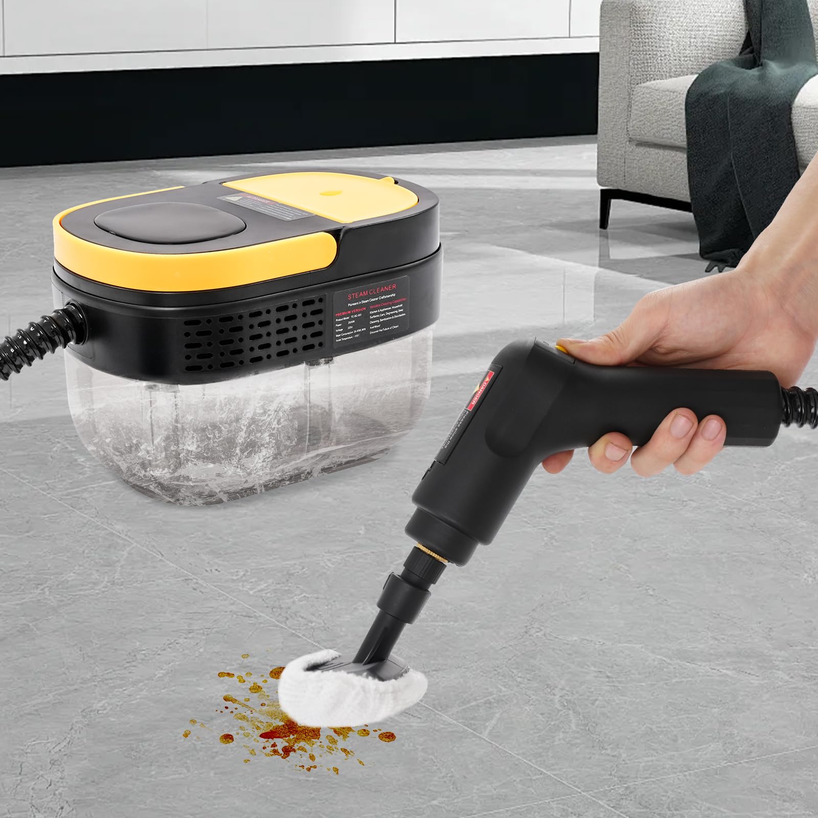 Limpiador a vapor de mano, 1500 W, con mango ajustable, depósito de agua de 1,6 L, mopa de vapor, limpiador de vapor portátil para ventanas, cocina, suelo, tapicería, baño, coche