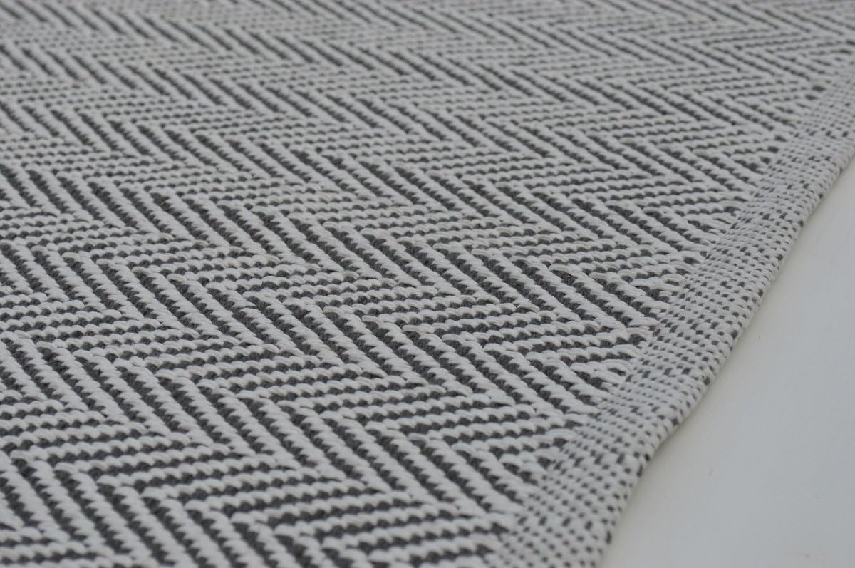 Quayside Home Hall Runner, 100% Cotton Herringbone Weave Rug 80x250cm Charcoal Grey/White