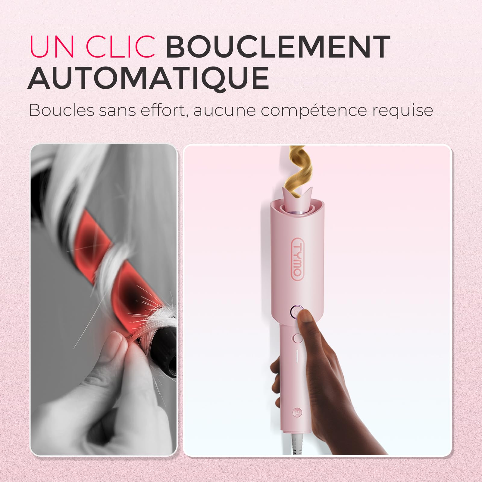 TYMO CURLPRO Automatique Boucleur à Cheveux Fer à Friser 25mm 3 Températures Réglables Anti-brûlure Céramique Rose