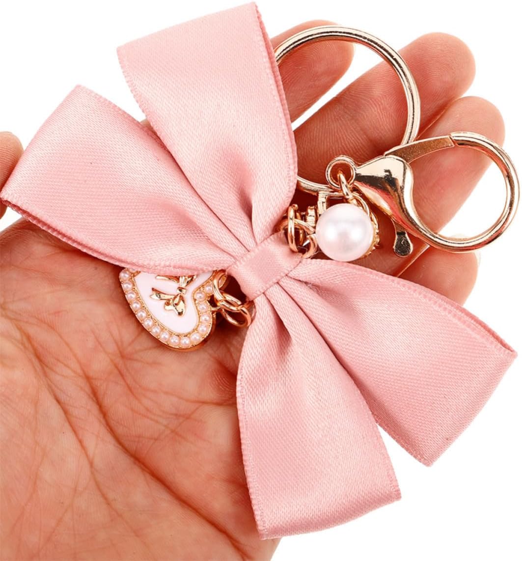 VOSAREA 2pcs Bowknot Bag Charm Keychain with Heart Pendant and Faux Pearl, Lightweight Metal and Cloth Material, Elegant Accessories for Purse and Backpack, for Daily Use and Special image 4