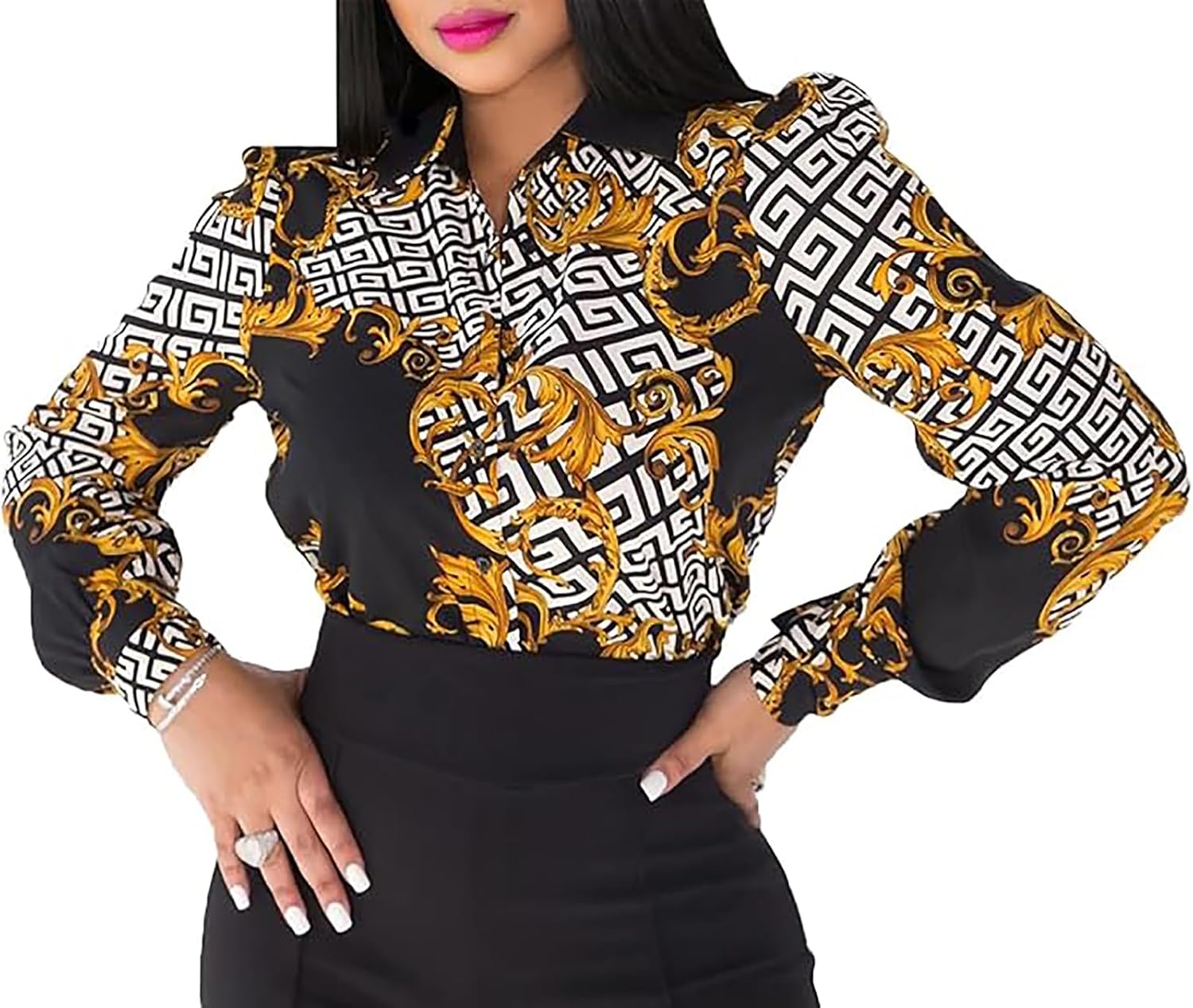 Buchona Blouses for Women Long Sleeve Floral Print Blouses & Button-Down Shirts Loose Collar Sexy Tops