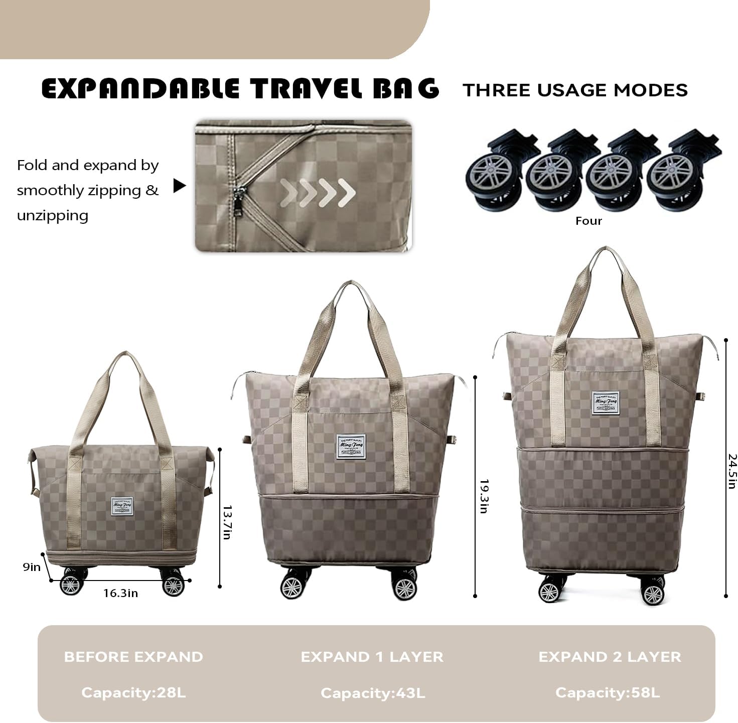 Rolling Duffle Bag with Wheels, 28-58L Expandable Foldable Travel Bag, Lightweight Carry-On Bag for Gym, Camping, Weekend Trips, Business Travel, Weekend Bag for Women & Men (Khaki)