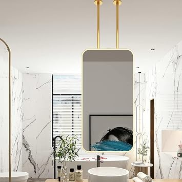 Ceiling Mounted Hanging Rod Mirror with Metal Frame and Boom, Vanity Makeup Mirror for Wall Bathroom Mirror Gold Rectangular Ceiling Hanging Mirror for Decorative Size 50cmx70cm