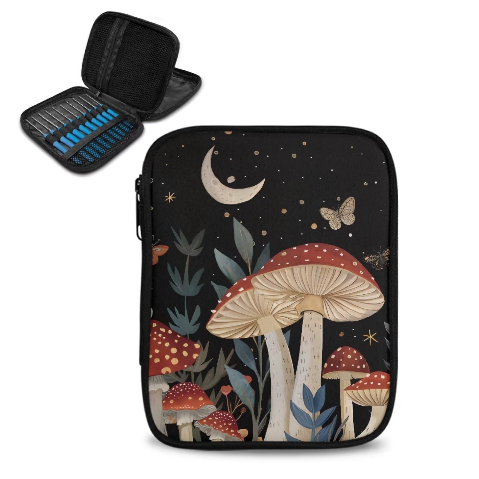 Moon Mushroom Crochet Hook Case Organizer Easy to Clean Knitting Needle Storage with Web Pockets Crochet Hook Case for Travel Lightweight