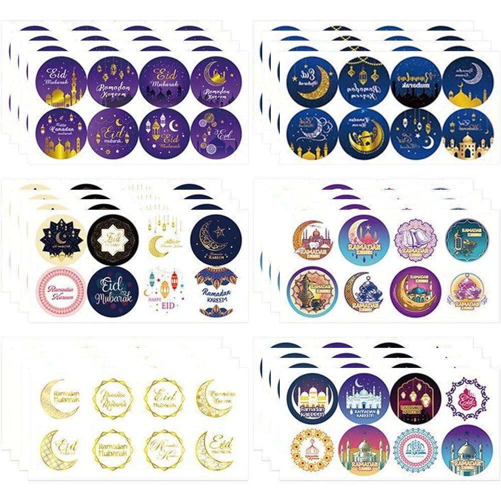 Casiler Eid Mubarak Stickers, 24 Sheets Round Ramadan Stickers, Gift Bag Envelopes Sealing Labels Self Adhesive Stickers For Eid Islamic Party Supplies