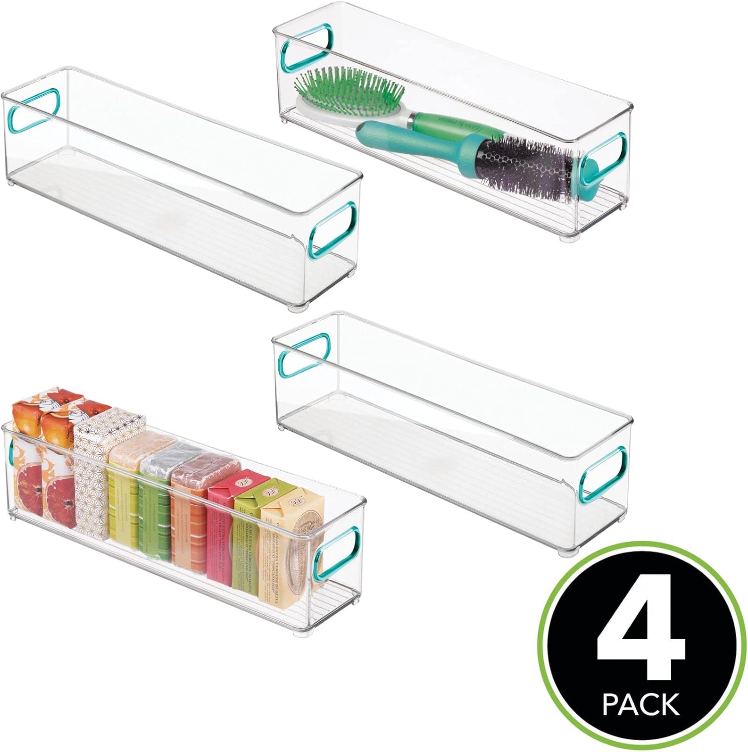 mDesign Slim Storage Bins with Built-in Handles for Organizing Soaps, Body Wash, Shampoos, Lotion, Conditioners, Hand Towels, Hair Accessories, Body Spray, Mouthwash - 4" Wide, 4 Pack - Clear/Blue