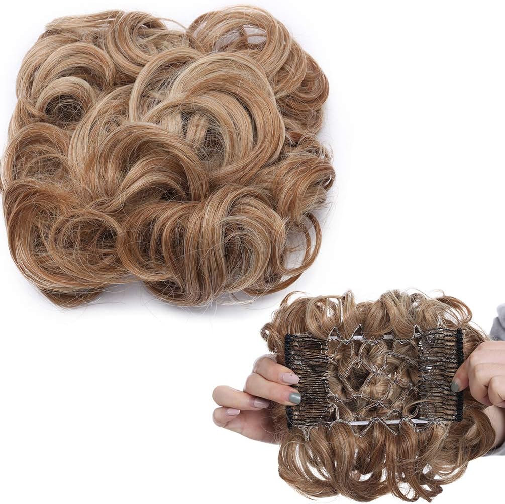 Short Messy Curly Dish Hair Bun Extension Easy Stretch hair Combs Clip in Ponytail Extension Scrunchie Chignon Tray Ponytail Hairpieces Blonde Highlight - Image 3