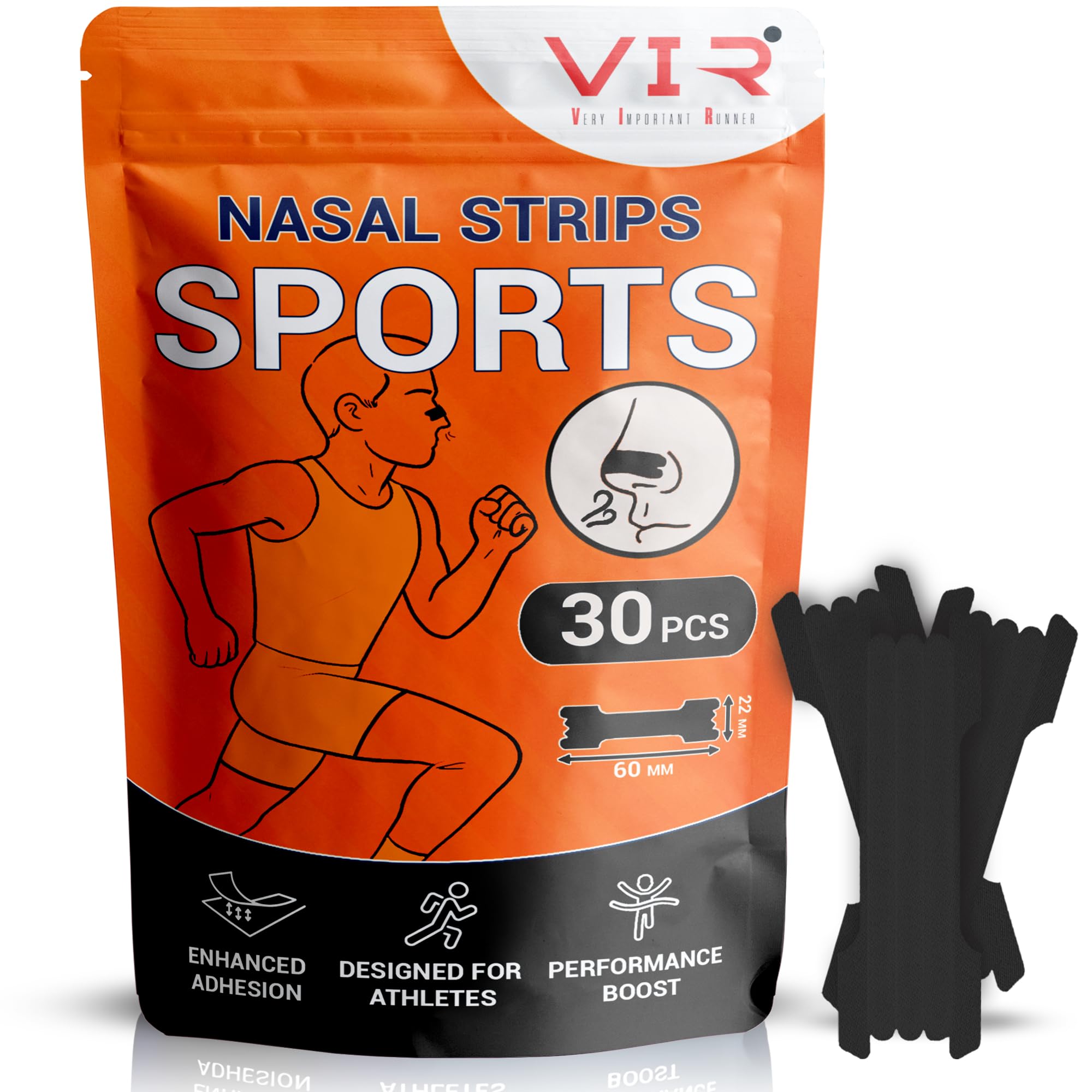 Set da 30 Cerotti Nasali per Sport Neri - Migliora la Respirazione e le Prestazioni - Nasal Strips Sport Extra Forte per Corsa, Ciclismo, Fitness e Tennis (60 x 22 mm)