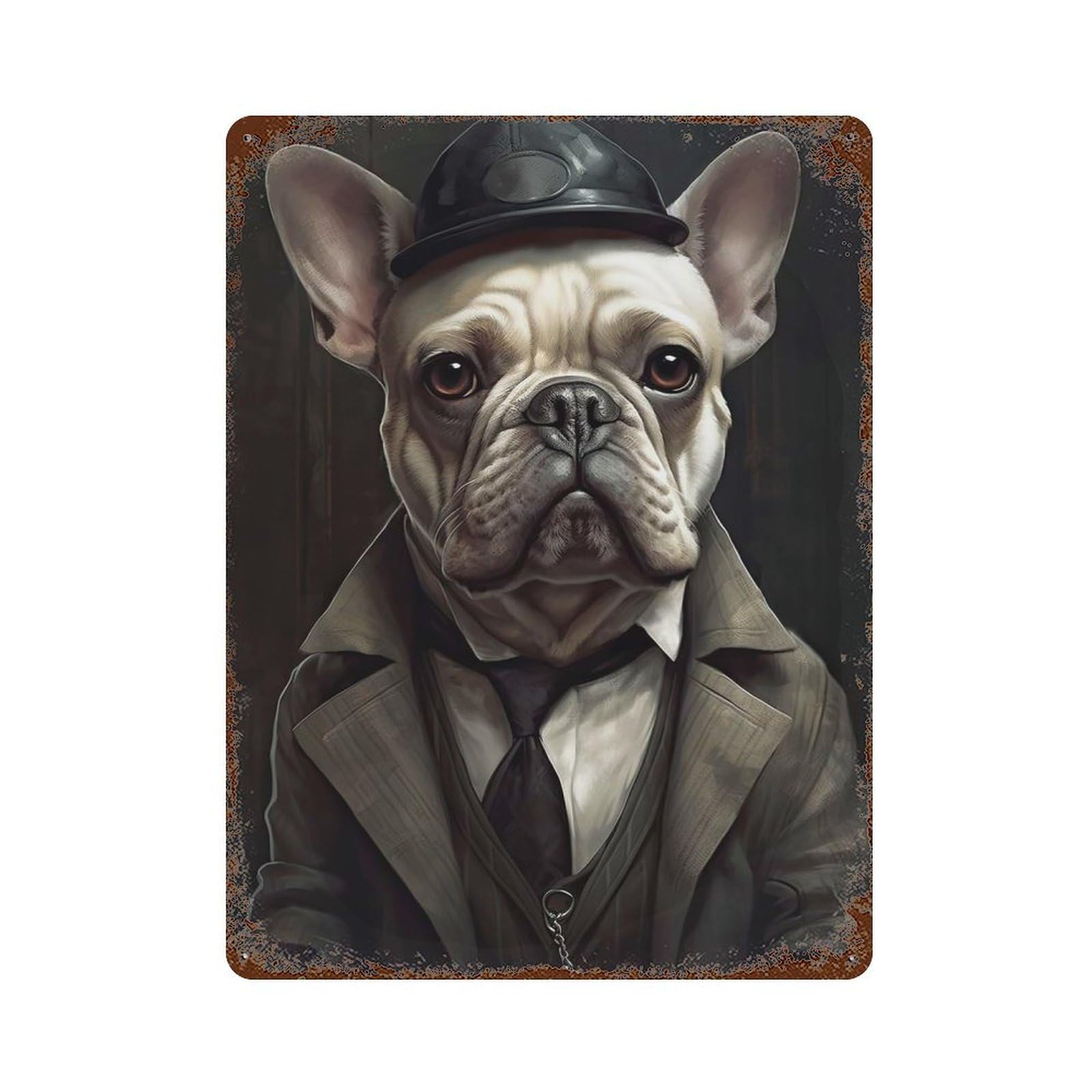 Aged Metal Wall Plaque with Cream French Bulldog Mafia Design 15.7"x11.8", for Pub, Kitchen And Man Cave Decor, Shabby Chic Decor