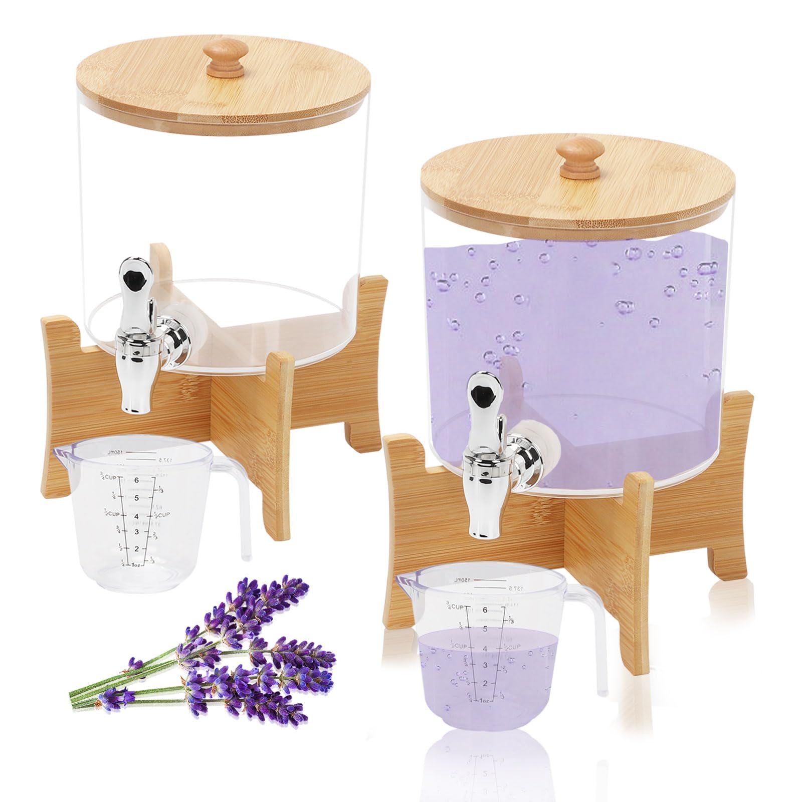 Lot de 2 distributeurs de détergent à lessive liquide avec robinet, 2,5 L réutilisables avec tasse à mesurer, pots de rangement en plastique pour adoucissant, booster de parfum, eau de Javel, bombes