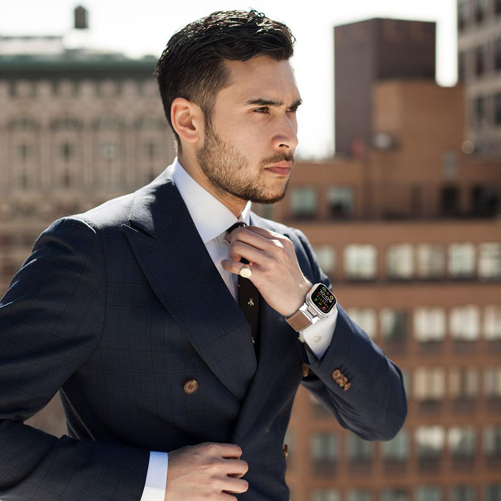 Bouixel Genuine Leather Band Compatible with Apple Watch Ultra 2/Ultra Band 49mm 45mm 44mm 42mm for Men Women, Rugged Strap with Stainless Steel Connectors for iWatch Ultra Series SE 9 8 7 6 5 4 3