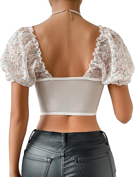 Women Puff Sleeve Crop Top Floral Print Square Neck Tops