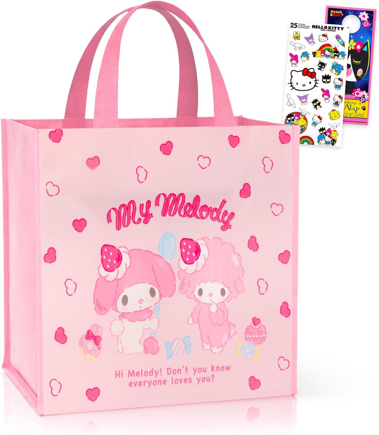 My Melody Tote Bag Set - Sanrio Accessories Bundle with Large Tarpaulin Reusable Bag for Groceries Plus Stickers, More | My Melody Tote Bag Pack