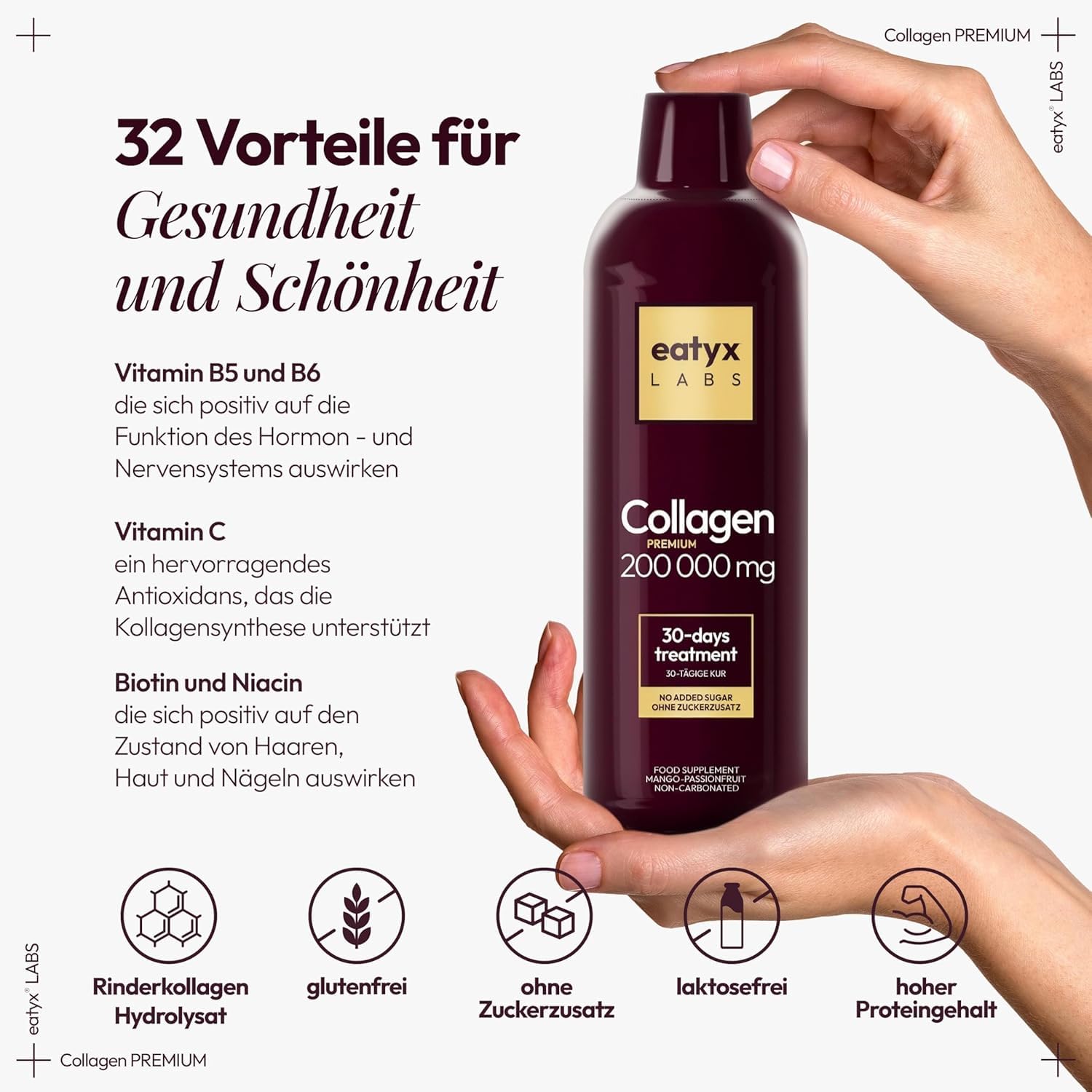eatyx LABS Collagen Premium 200 000 mg 1L – Wysokoskoncentrowany kolagen do picia z kwasem pantotenowym i witaminą C – Kolagen do picia dla skóry, włosów i paznokci – Smak mango-marakuja
