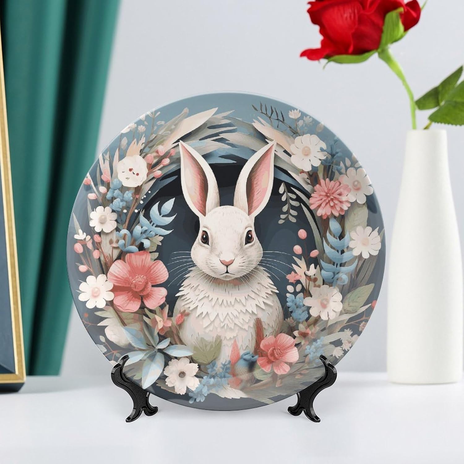 Easter Wreath with Rabbit Ceramic Decorative Plate for Office Decor, Chinese Style Decorative Dish with Stand, Dinner Dish Decorative Plates for Wall Hanging Bone Collections Plates 10inch