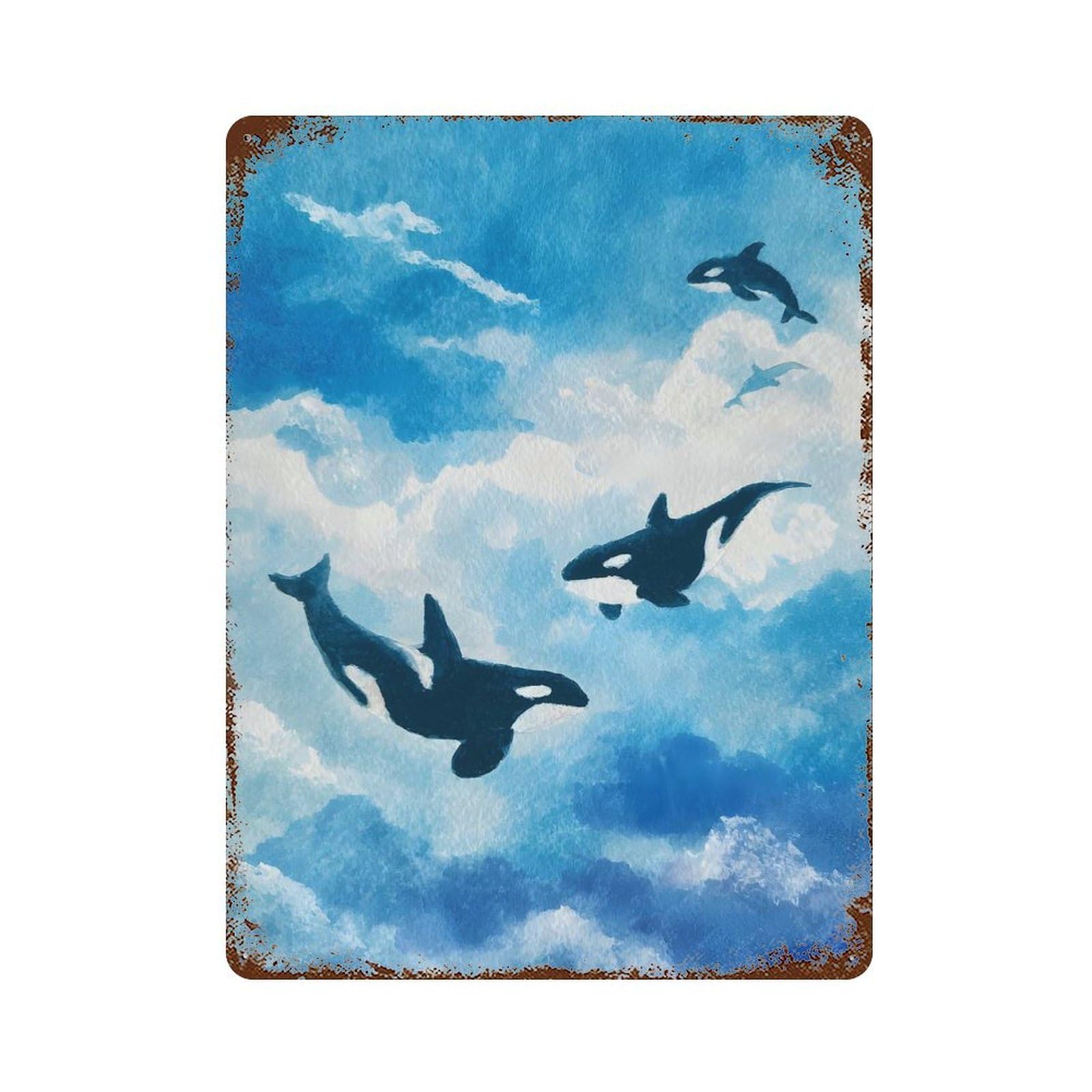 Orcas in The Sky Watercolor Painting Decorative Tin Sign 15.7"x11.8", for Bistro, Counter And Cafe Decor, Retro Wall Decor