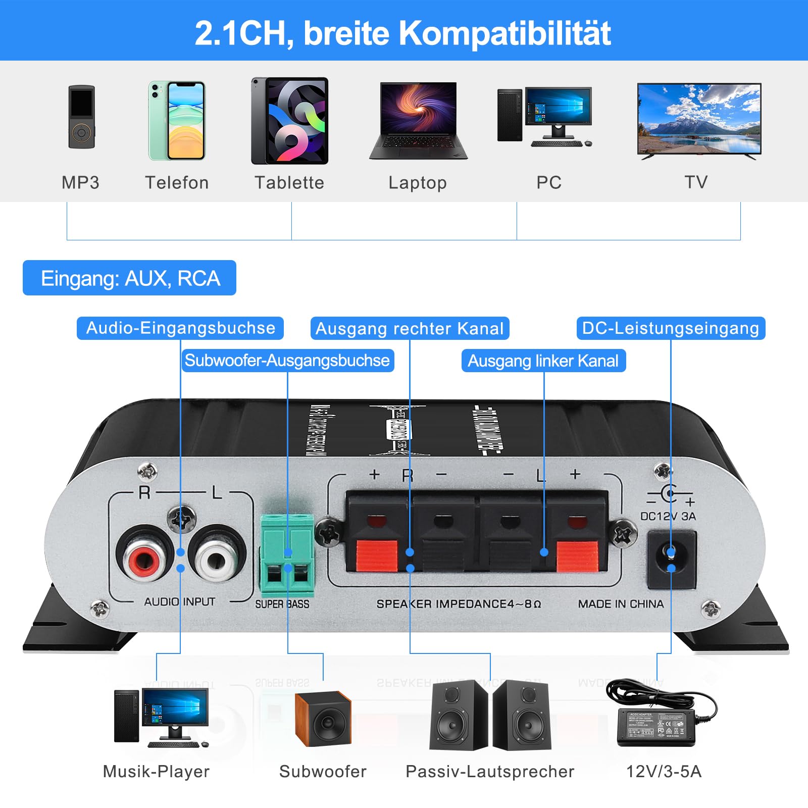 HiFi Audio Verstärker,2.1CH Stereo Verstärker,RMS 20Wx2+40W ST-838 mit Subwoofer Ausgang KlasseD Mini Digital Endstufe Empfänger mit AUX für Zuhause,Auto Lautsprecher,Schwarz(Inklusive Netzadapter)