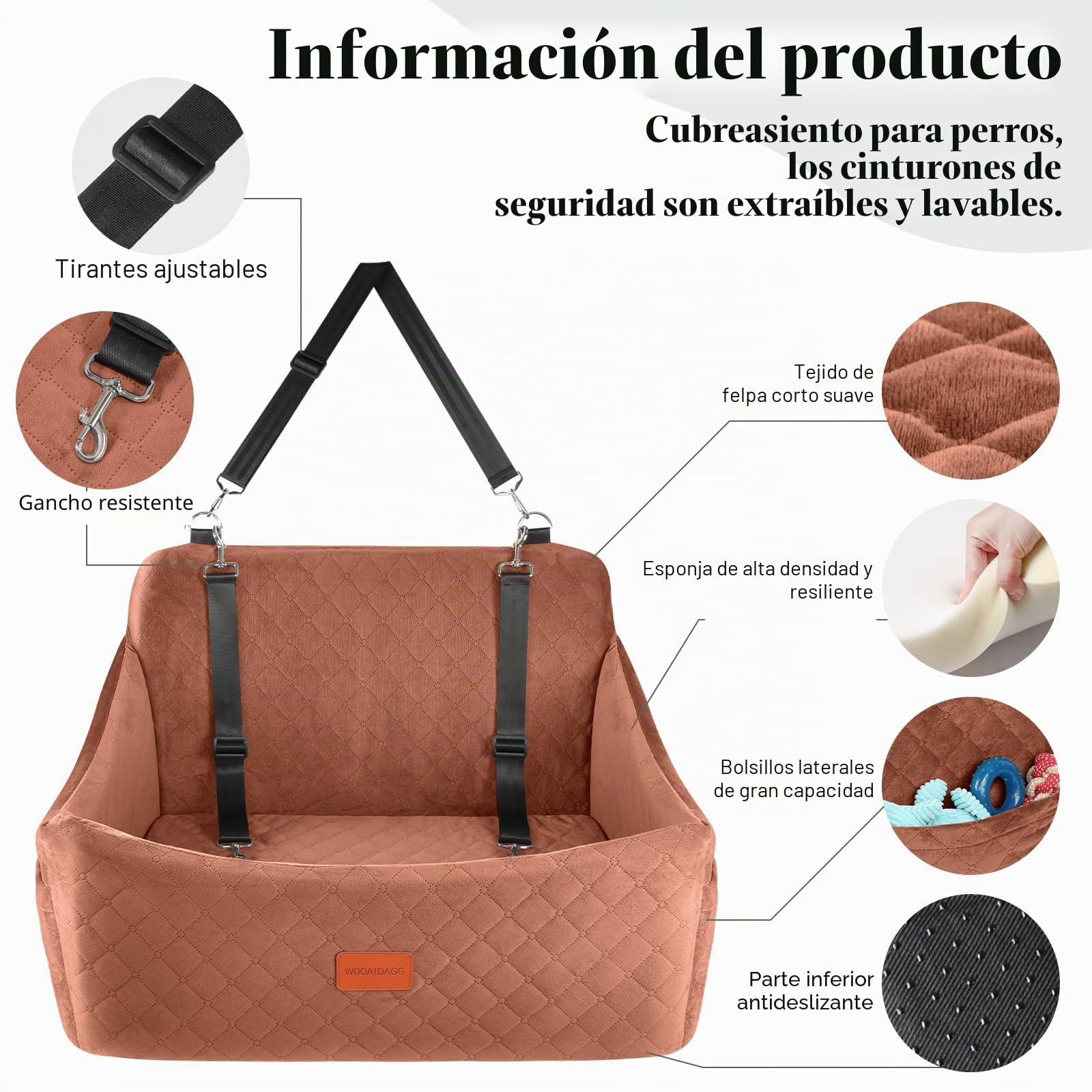 Wooaidagg Asiento de Coche para Perros de hasta 55 Libras, fácil de Instalar, súper Suave y Relleno de Espuma viscoelástica, Totalmente Desmontable y Lavable (marrón, Grande)