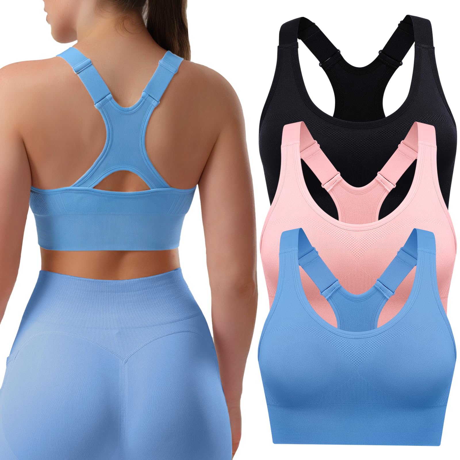 Sport-BHS für Damen im 1/3er-Pack, Racerback, Hoher Halt, Verstellbare Träger – Gepolsterte, Nahtlose Yoga-BHS fürfür Fitness, Laufen & Joggen