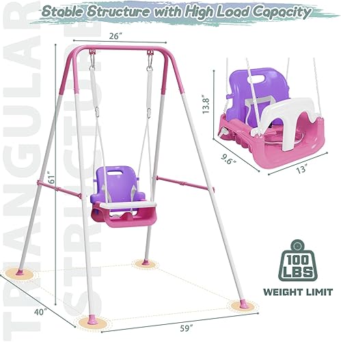 Miniatura 7 de Columpio mejorado para niños pequeños con bandeja, columpio para bebé al aire libre con diseño desmontable, cinturón de seguridad, marco plegable