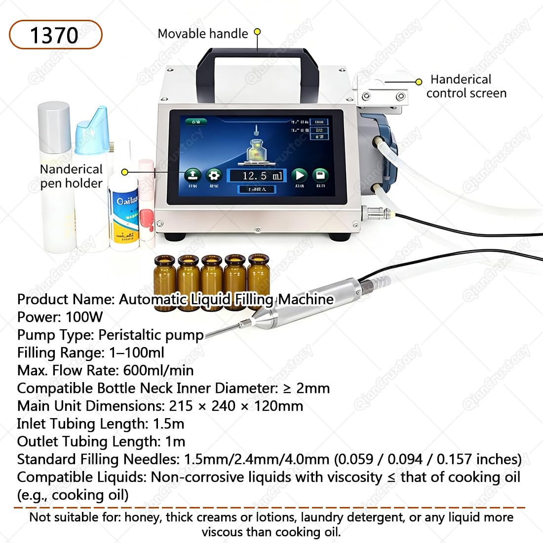 Automatyczna maszyna do napełniania butelek perfum 1380, bez limitu wysokości, obsługuje szyjkę butelki ≥ 2 mm, ręczny, automatyczny interwał, tryby pracy JOG
