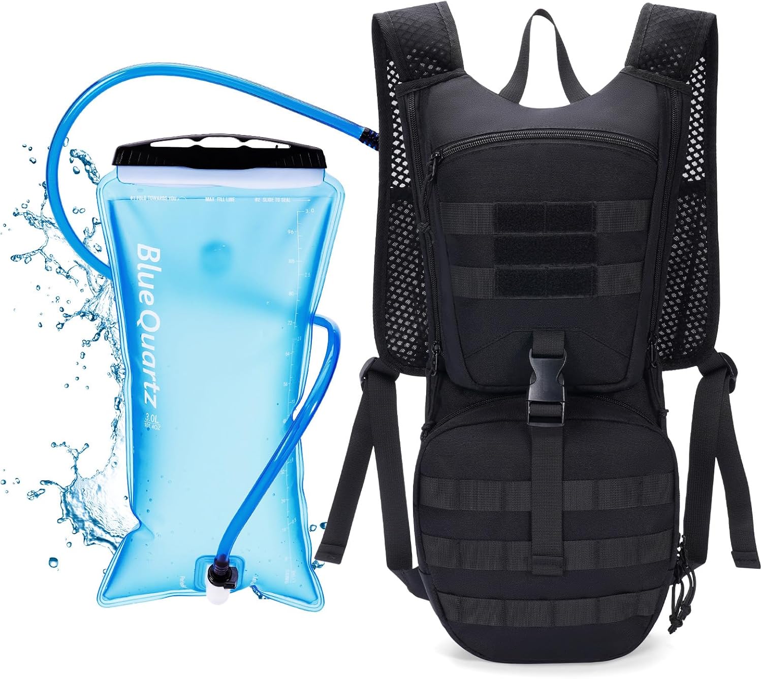 Blue Quartz Hydration Backpack with 3L Water Bladder, Lightweight Hiking Backpack with Phone Pocket, Tactical Molle Water Backpack for Running, Biking, Climbing, Hydro Pack for Men Women