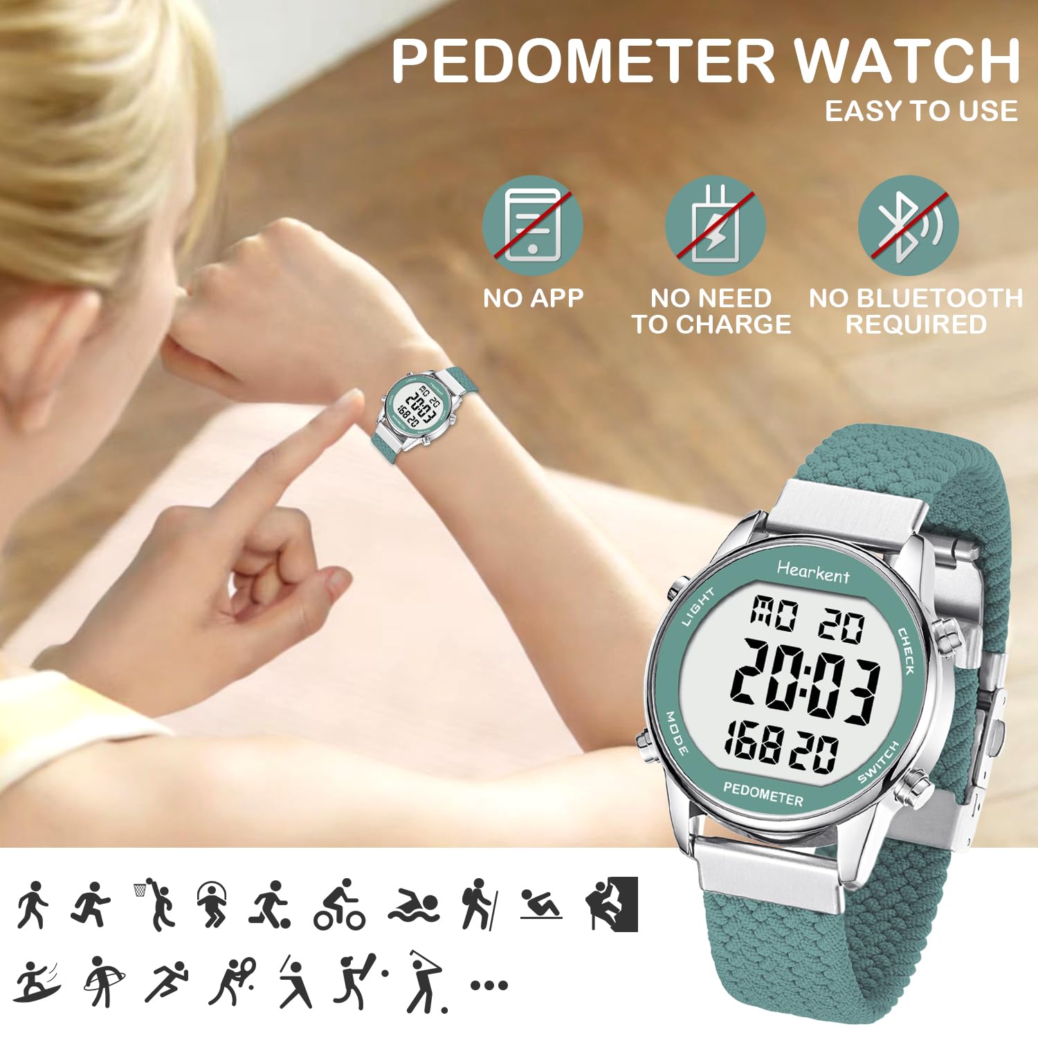 Hearkent Schrittzähler-Uhr für Damen, Schritt-Tracker mit Kalorienzähler, nicht Bluetooth, 30 m wasserdicht, LCD-Display mit großer Zahlenanzeige, Armbanduhr für Spaziergänge und tägliche Aktivitäten