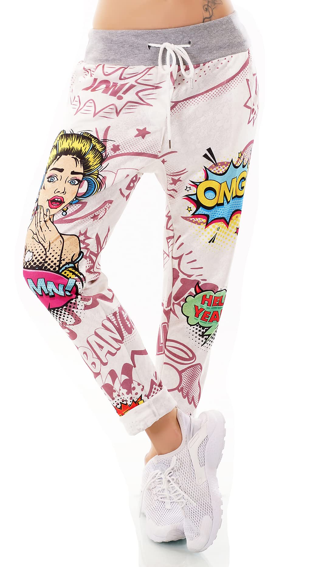 ITALY Damen Hose Sweat Baggy JogPants Freizeithose Blumen Punkte Streifen 36-40