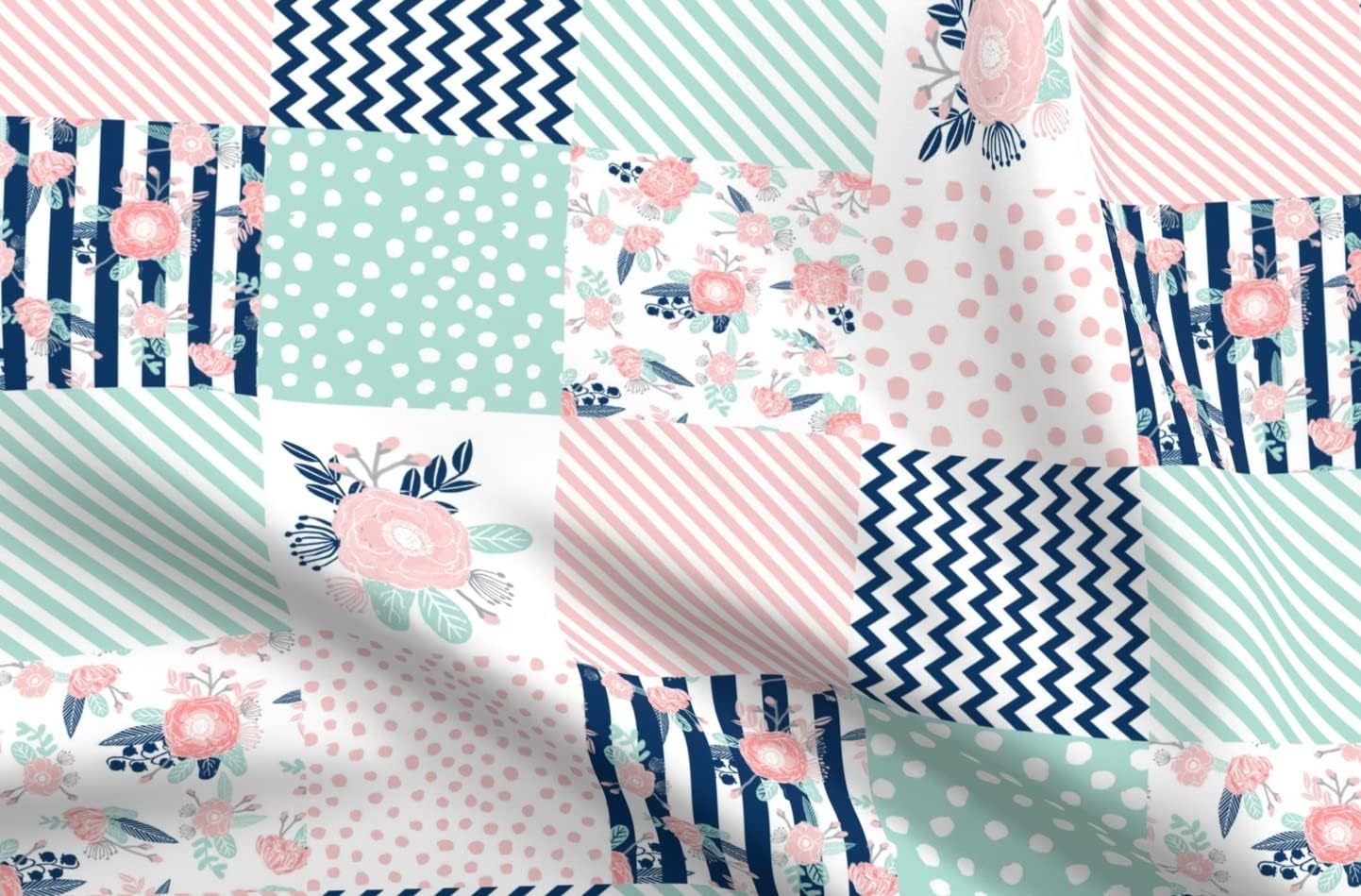Spoonflower Fabric - Cheater Quilt Rotated Girls Pink Mint Navy Floral Flowers Nursery Printed on Petal Signature Cotton Fabric by The Yard - Sewing Quilting Apparel Crafts Decor