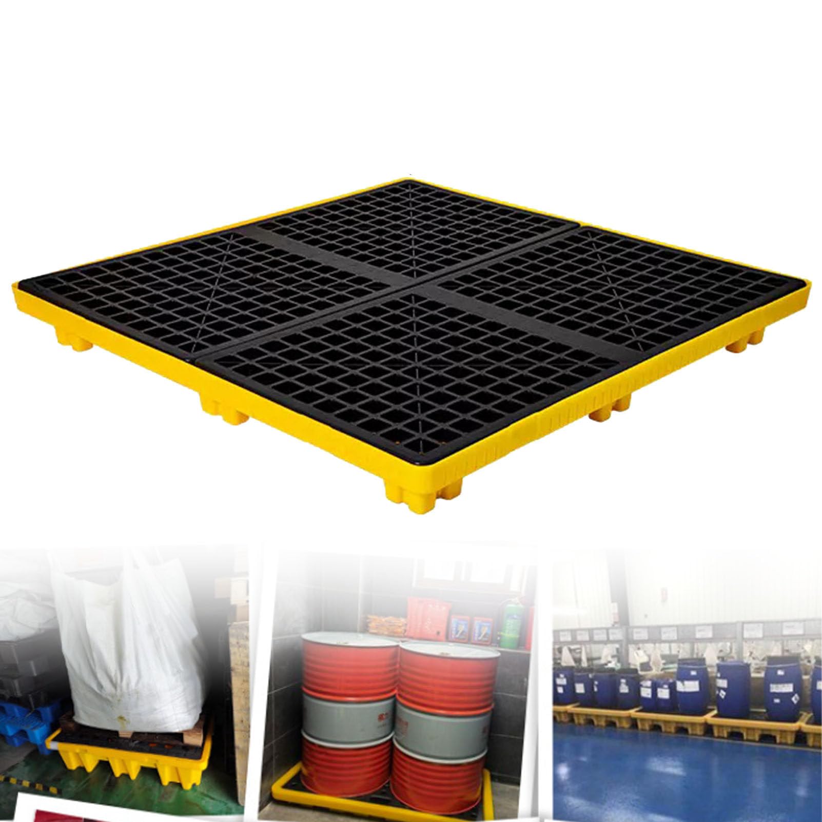 Palette modulaire de confinement des déversements pour stockage industriel de barils de pétrole – Solution robuste et écologique pour une gestion sûre des matières dangereuses