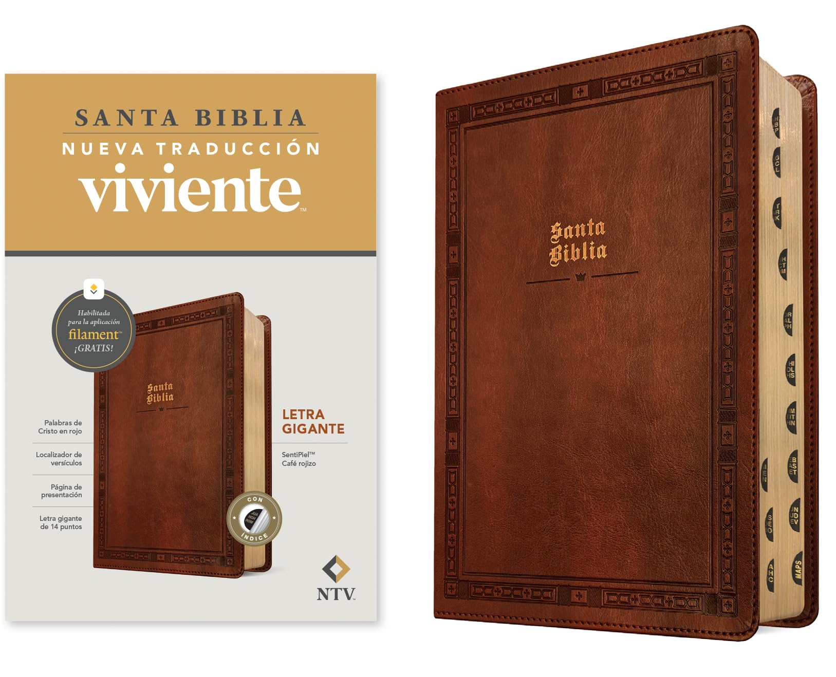 Biblia letra gigante NTV con Filament (SentiPiel, Caf rojizo, ndice, Letra Roja)