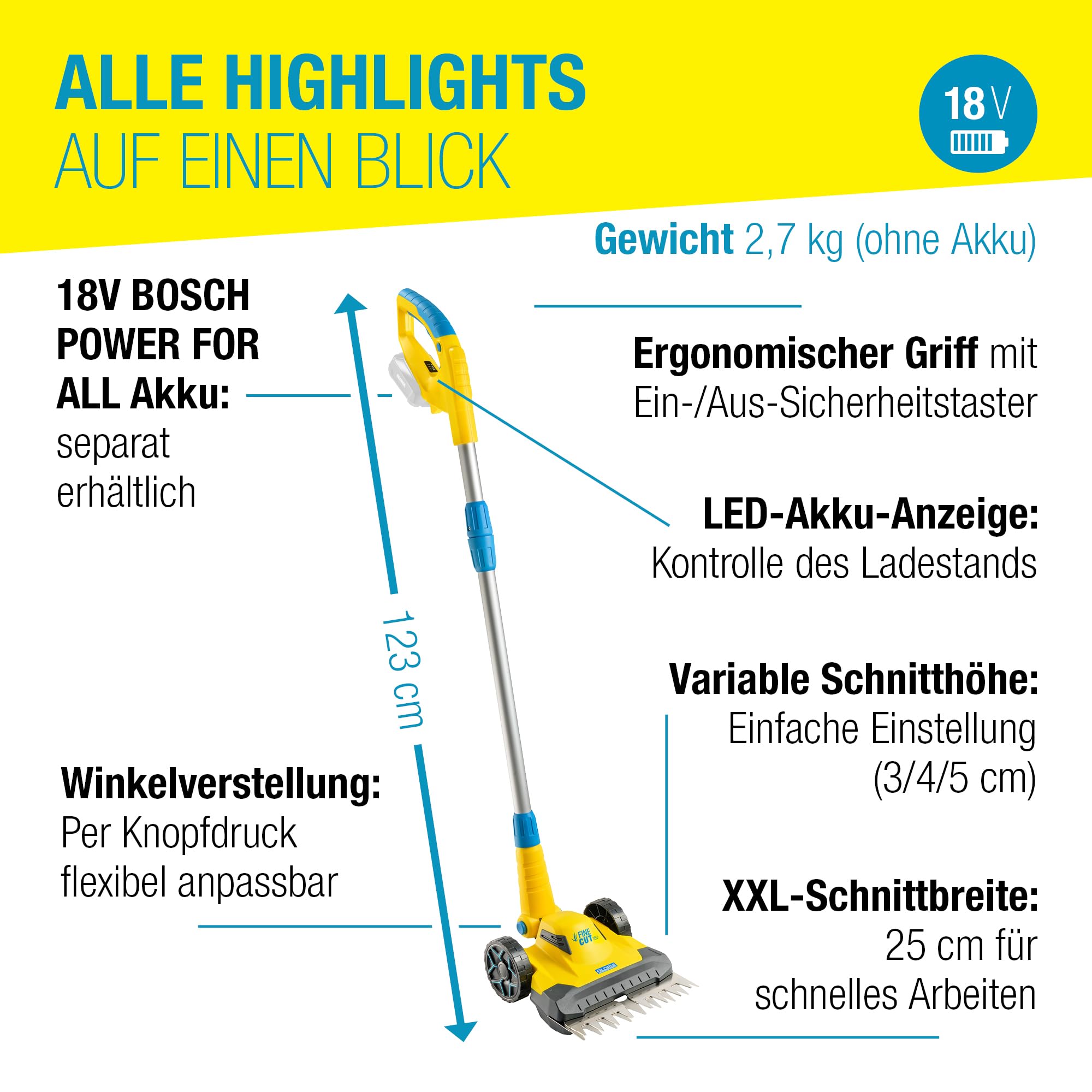 GLORIA Akku Rasen- & Kantenschneider FineCut 18V | Rasentrimmer & Rasenmäher mit 25 cm Schnittbreite | Ideale Ergänzung zum Mähroboter | Rasenkantenschneider kompatibel mit Bosch 18V (ohne Akku)
