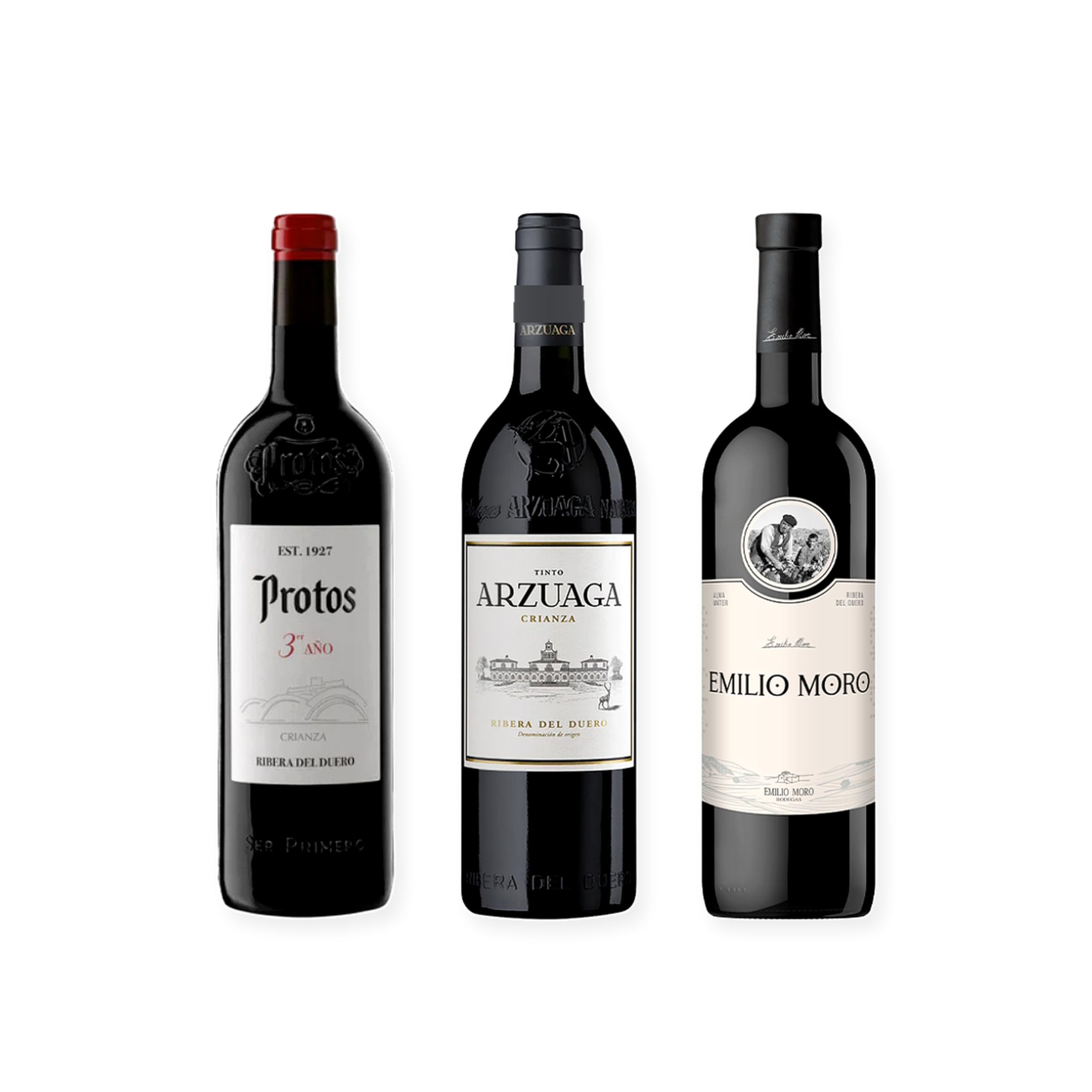 vino tinto Ribera del Duero Protos 3er Año, Arzuaga Crianza y Emilio Moro pack de 3 botellas 75 cl