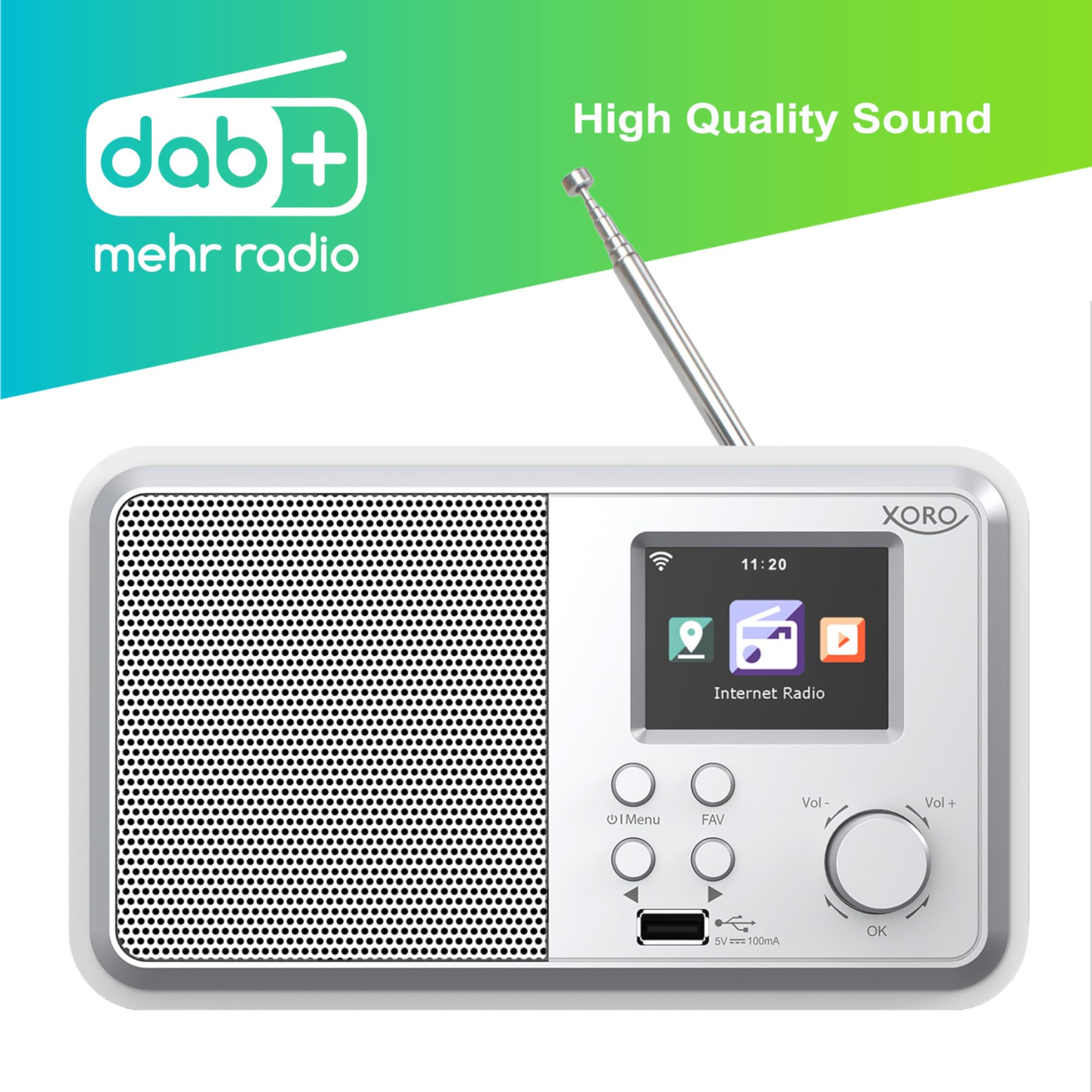 Cyfrowe radio internetowe Wi-Fi XORO DAB 300 IR z kolorowym wyświetlaczem 2,4", podcast, Bluetooth 5.2, FM/DAB+, budzik, białe