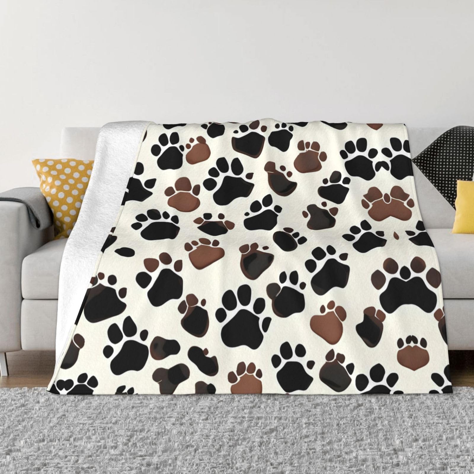 Couverture douce imprimé pattes de chien pour lit et canapé toutes saisons