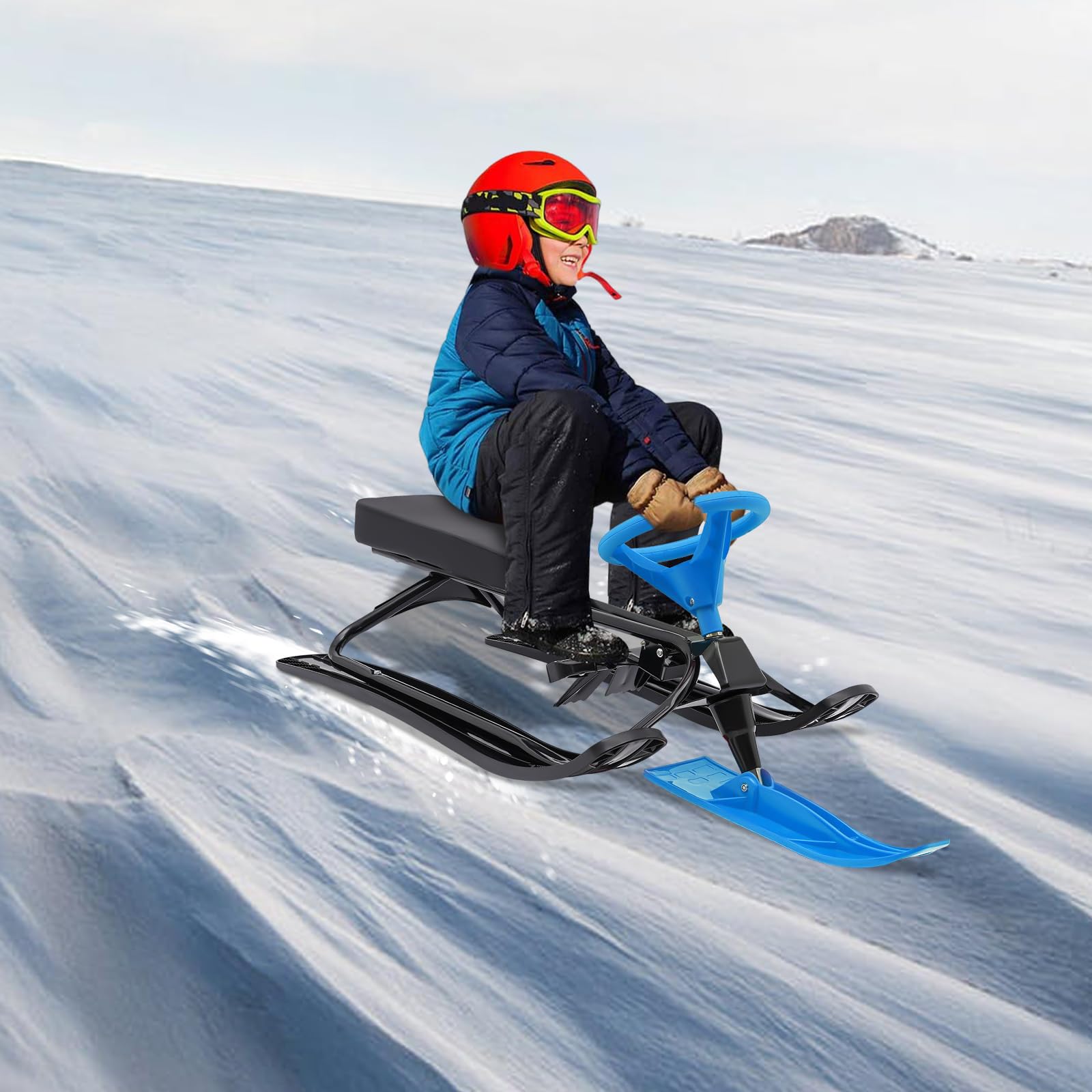 Luge avec frein pour enfants et adultes - Charge maximale : 100 kg - Avec volant - Pédale antidérapante - Siège en polyuréthane - Luge de course - Jouet d'hiver