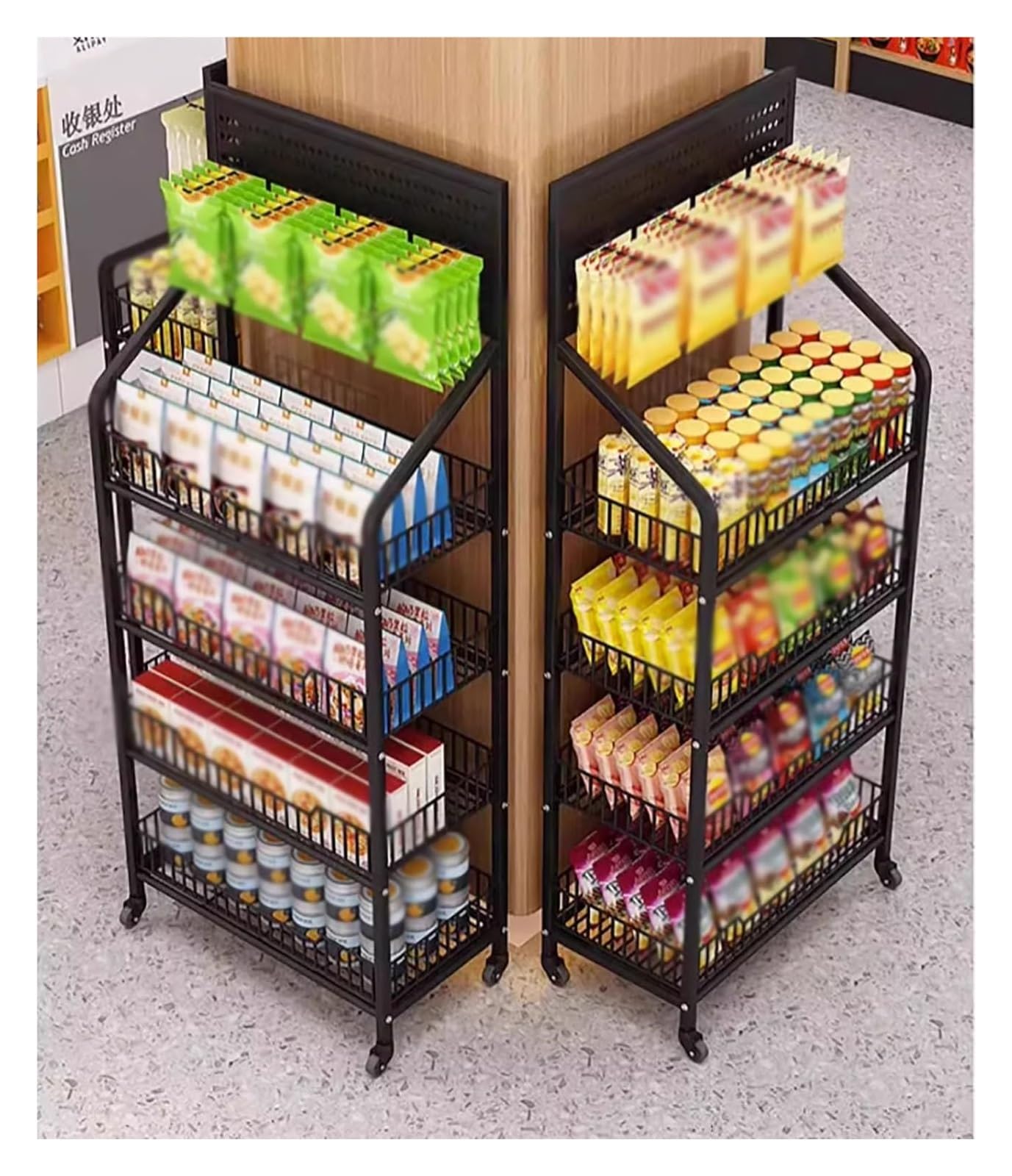 Expositor metálico de 4 Niveles para Snacks con Ruedas y Ganchos: Ideal para Cine en casa y Tiendas, solución de Almacenamiento en mostrador (60 x 27 x 140 cm)