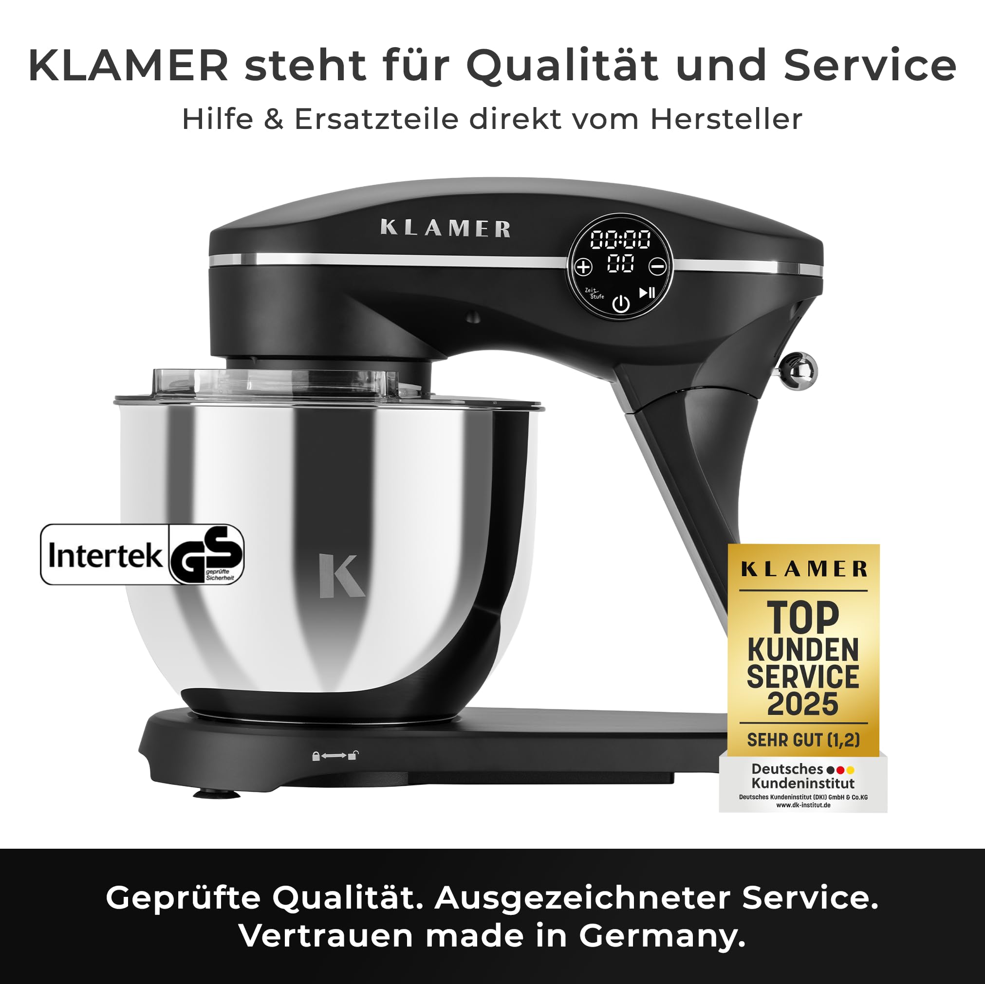 KLAMER Küchenmaschine 1800W, Knetmaschine Brotteig mit Edelstahl-Rührschüssel 6 L, 10 Stufen mit Timer, Planetenrührwerk, Rührbesen, Knethaken, Schneebesen & Sichtdeckel (schwarz)