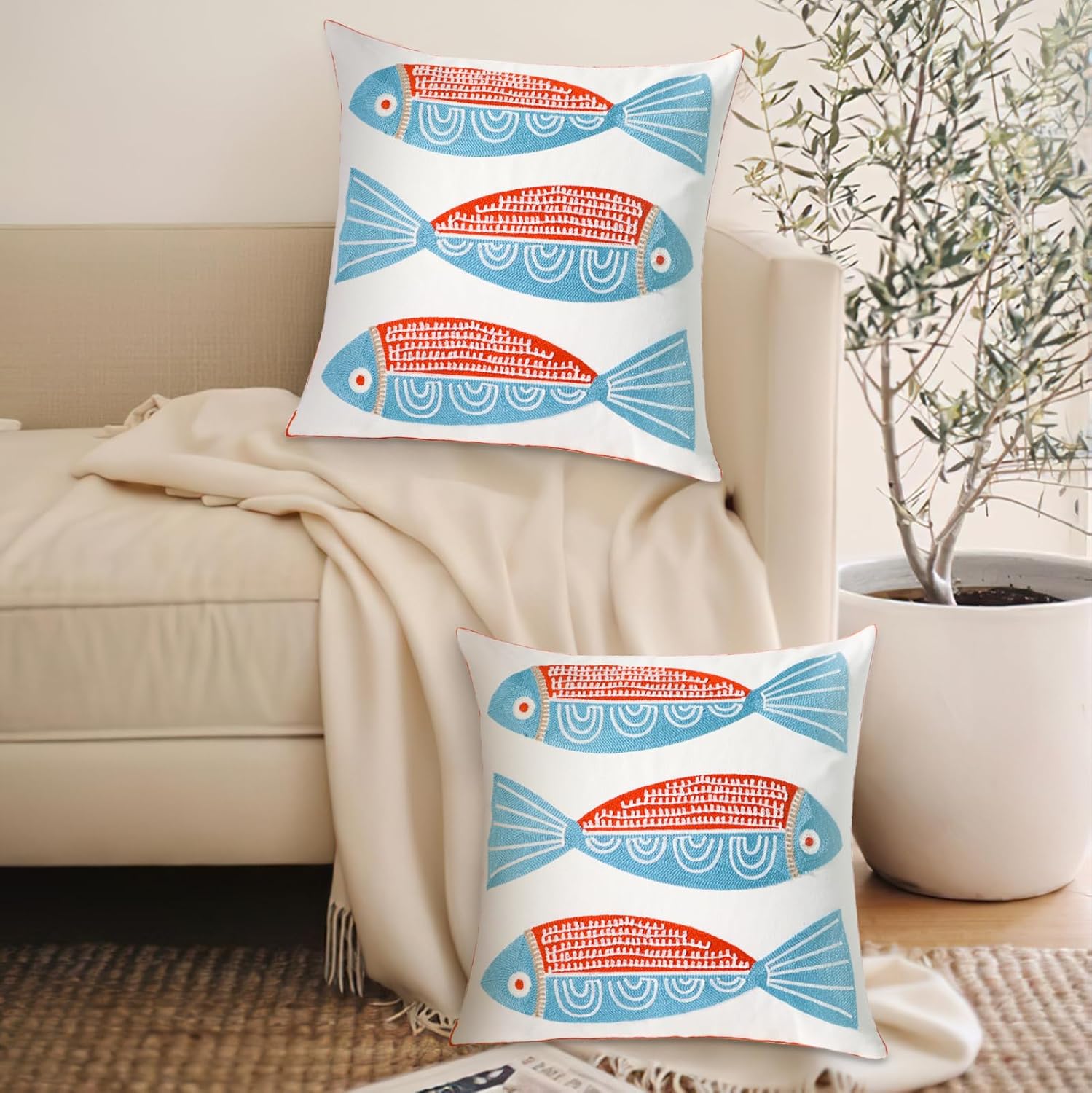 2 PCS Embroidered Throw Pillow Cover Cotton Decorative Square Cushion Cases for Home Sofa Bed and Chair 18 x 18 Inch (Red Fish-2)