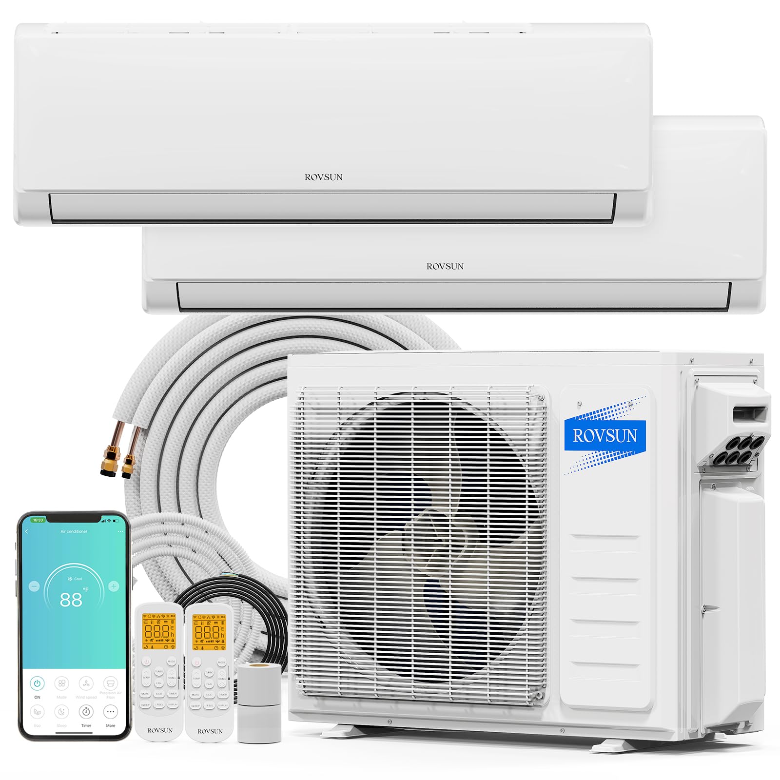 ROVSUN 20000 BTU Dual Zone WIFI Mini Split AC/Heating System, 20 SEER2 2 Zone 12000 + 12000 BTU Ductless Split Air Conditioner with Pre-Charged Condenser, Heat Pump & 25Ft Copper Line Set, 208-230V