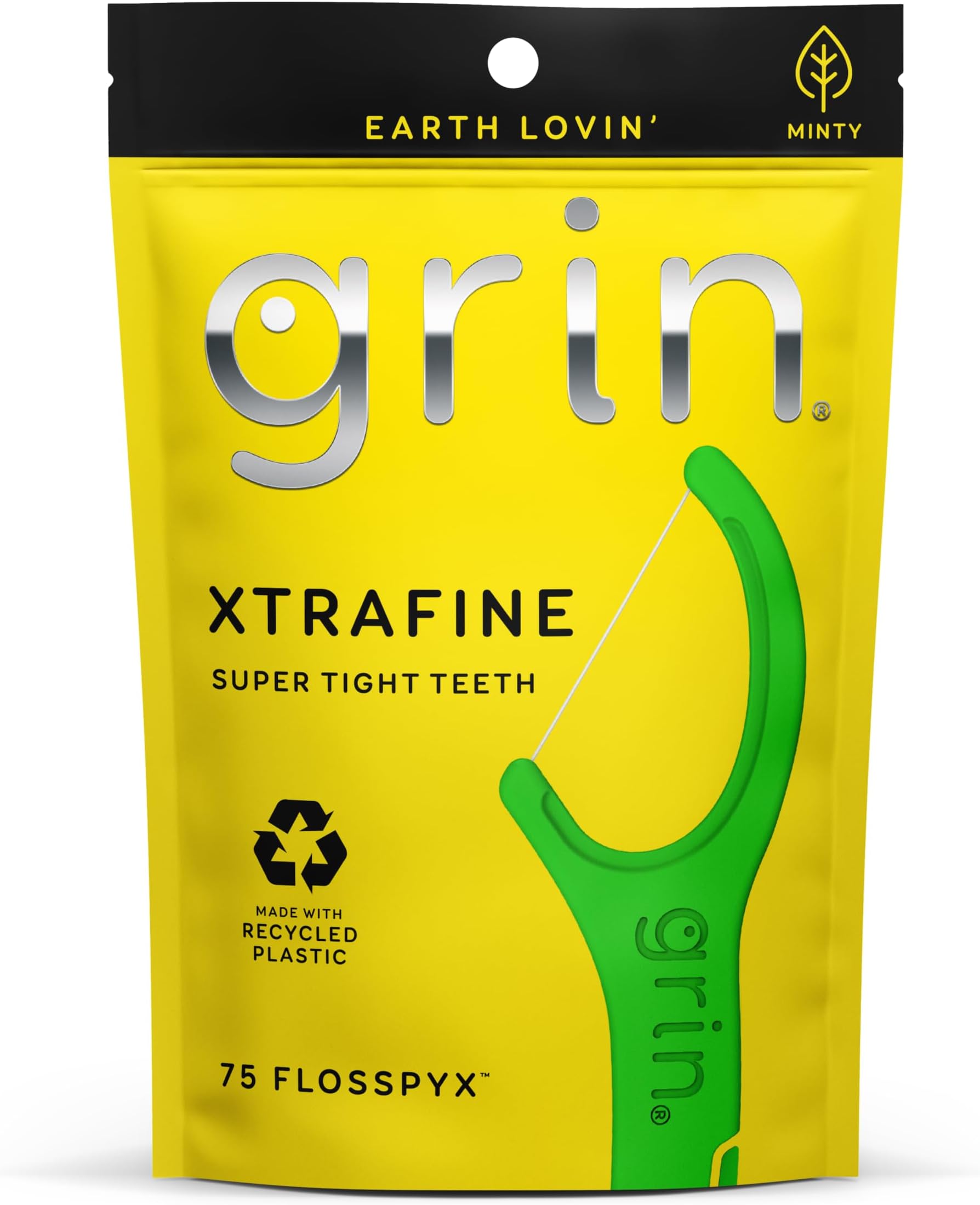 XtraFine Flosspyx, Floss Picks, 75 Count, Dental Flossers, Minty Flavor, Recycled Plastic, for Super Tight Teeth, Longer Floss Head, Slide Between Teeth, Includes Safe Soft Fold-Back Tooth Pick