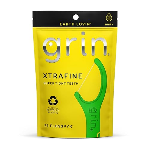 GRIN XtraFine Flosspyx, púas de hilo dental, 75 unidades, hilo dental, sabor a menta, plástico reciclado, para dientes súper apretados, cabeza de