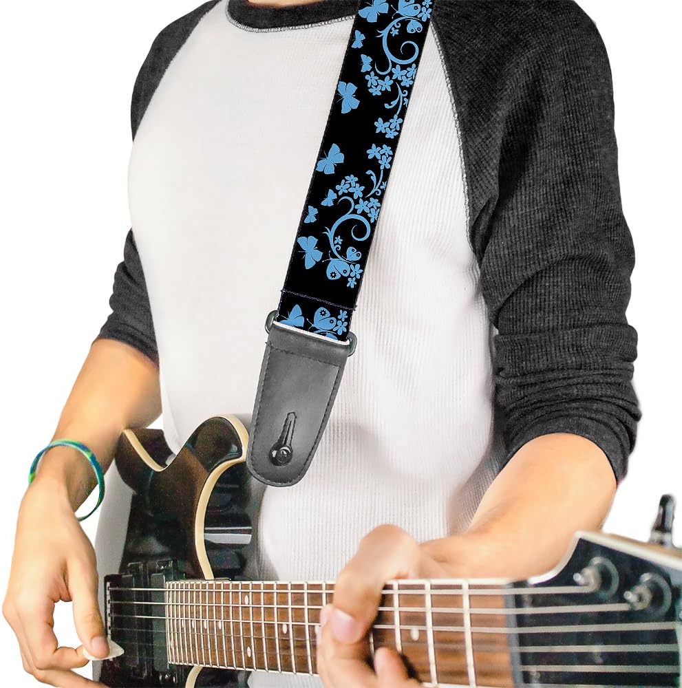 Buckle-Down GS-W30232 Guitar Strap - Butterfly Garden, 2" Wide & 29-54" Length, Black/Blue