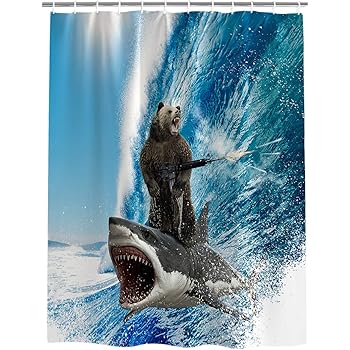 Amazon Com Beach Theme Funny Bear Shark Surfing Fabric Shower Curtain Bathroom Decor Sets With Hooks Standard 72 X 72 Inch Home Kitchen