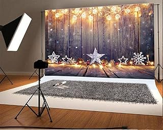 YongFoto 2,2x1,5m Vinile Sfondo Fotografico Natale Star String Shining Lights Fiocchi di neve Ric Wood Plank Xmas Fondale Foto Festa Bambini Boby Nozze Adulto Partito Studio Fotografico Puntelli