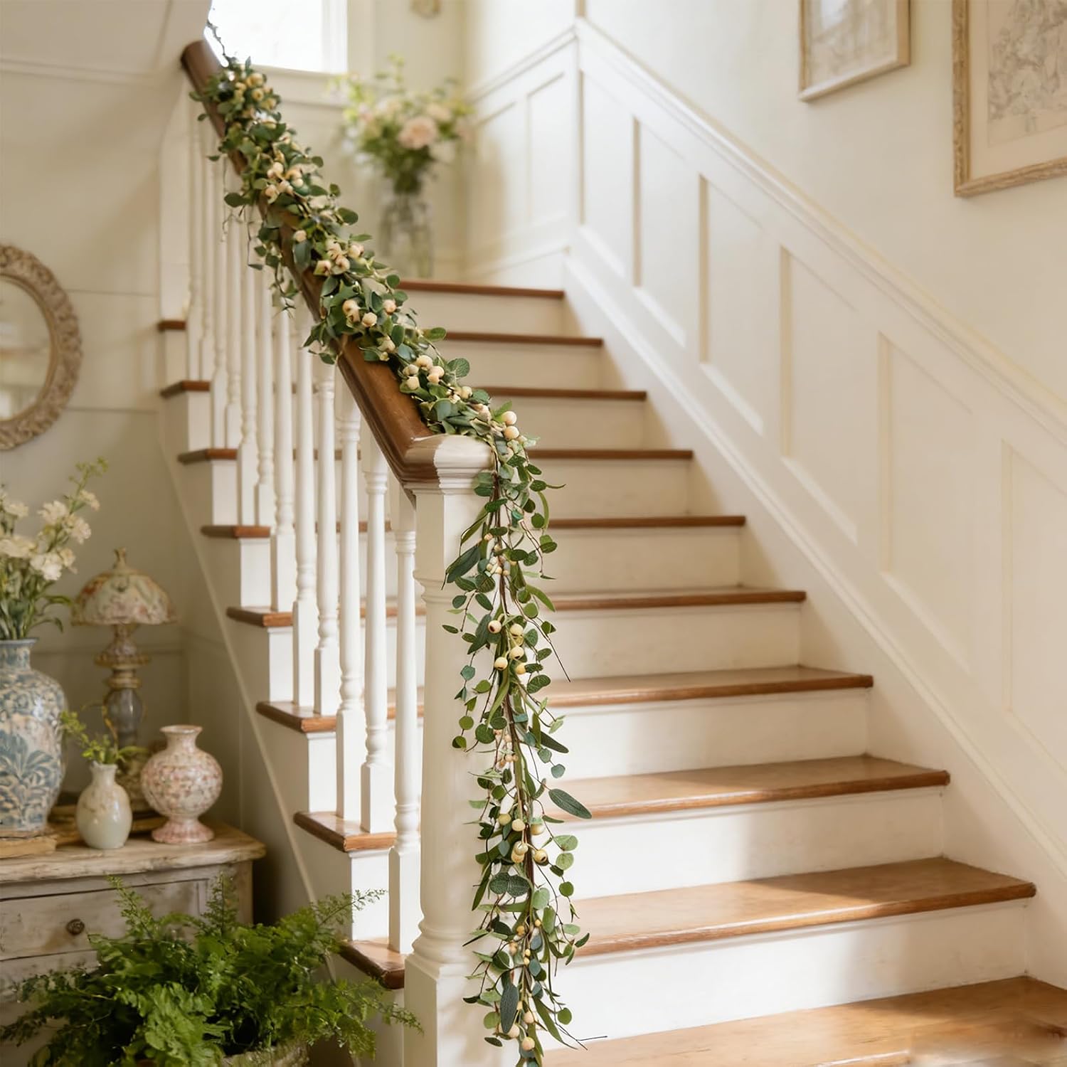 6FT Spring Garland with Eucalyptus White Berry Artificial Summer Spring Garland for Mantle Wedding Arch Porch Window Indoor Outdoor Decor Home Decoration All Seasons