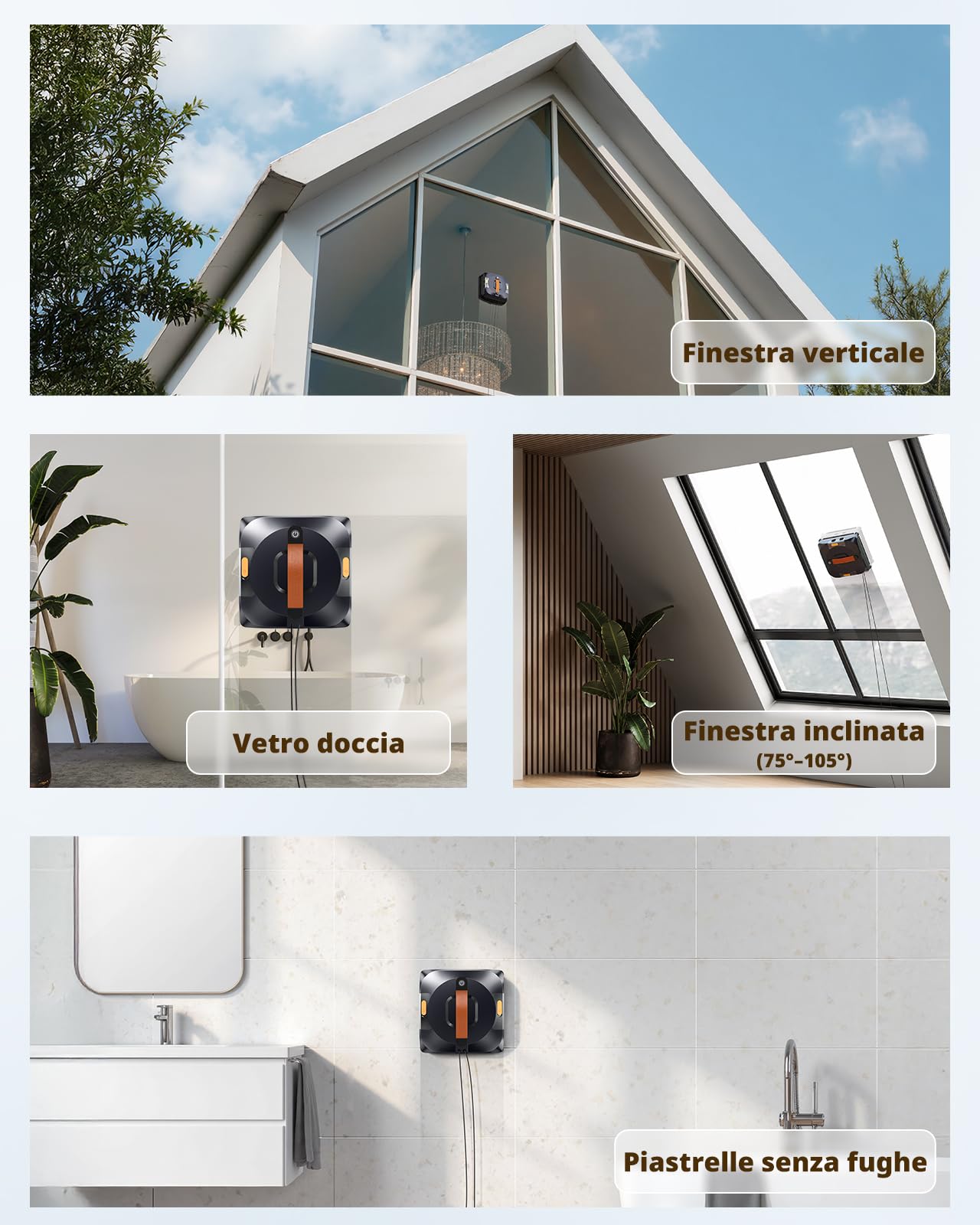 AIRMSEN YW733 Robot lavavetri, pianificazione automatica, 4 modalità di pulizia, 4 ugelli spray, serbatoio grande da 110 ml, 6000 Pa, antiscivolo, per finestre, vetri doccia & specchi