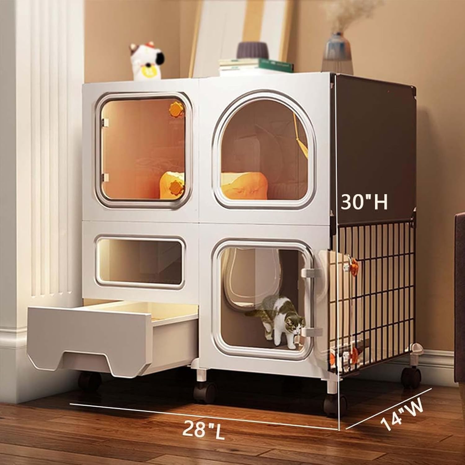 Cat Cages Indoor with Litter Box,Kitten Playpen Kennels, Cat Cage with 360 Degree Movable Universal Wheel, Stress Free Space for Your Kitty Easy Installation (White, 28" L x 14" W x 30" H)